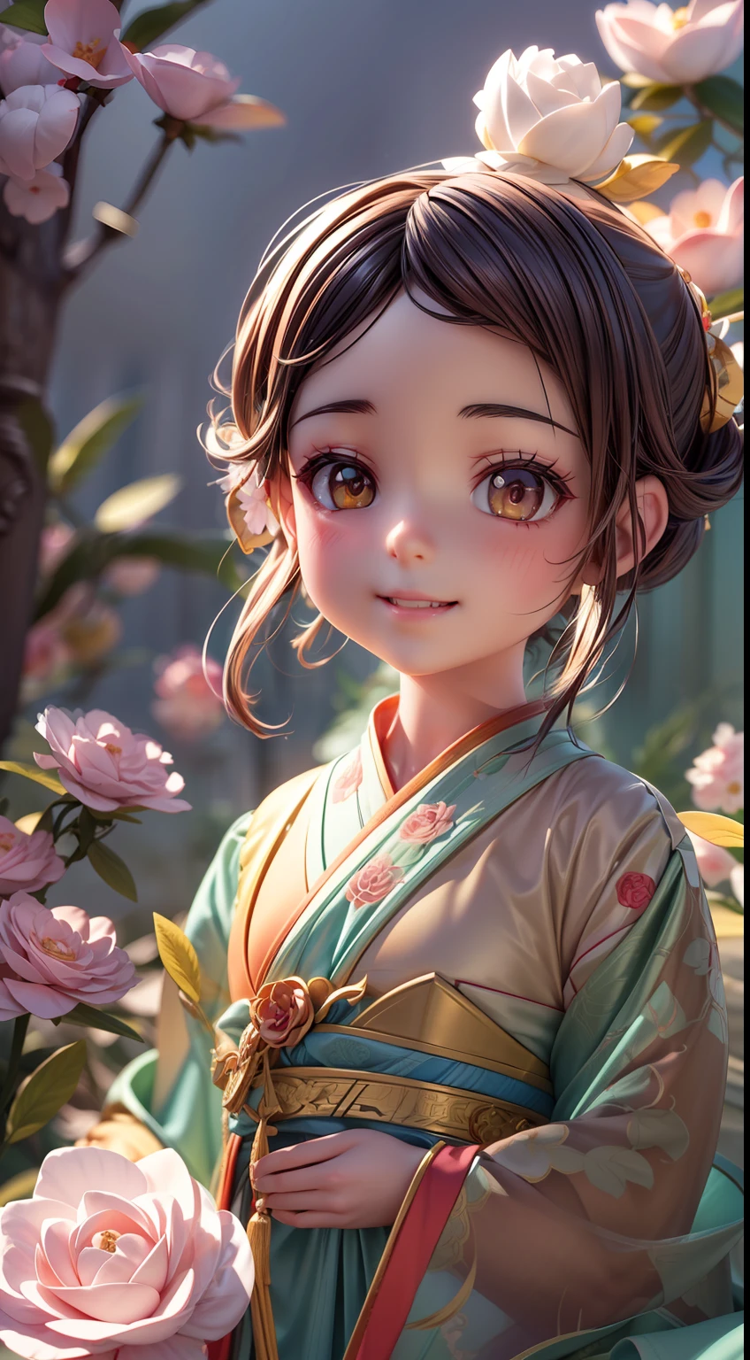cinematic angle,( cute female child,anatomically correct,full body,Masterpiece camellia,Masterpiece Hanfu,smile),(illustration,paper art,a 3D render),(extremely colorful, Best quality, high detailed, Masterpiece, Cinematic Lighting, 4K, Chiaroscuro)