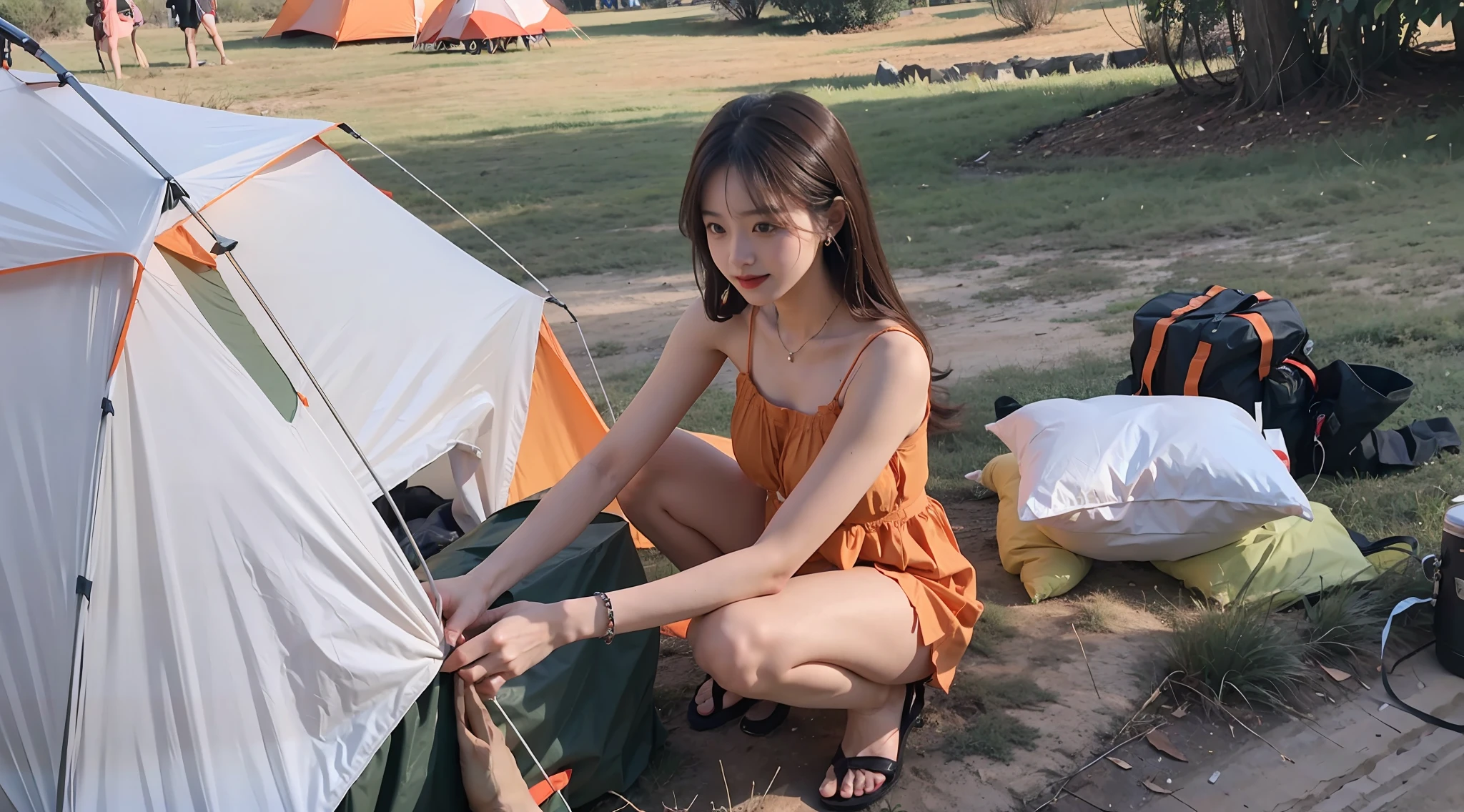 woman in orange dress setting up a tent, camping, Detailed, Raw Photo, film grain, 8k, outdoors, ultra setting, tent, Ulzzang, Large breast, sexy, Pretty girl, 1girl,