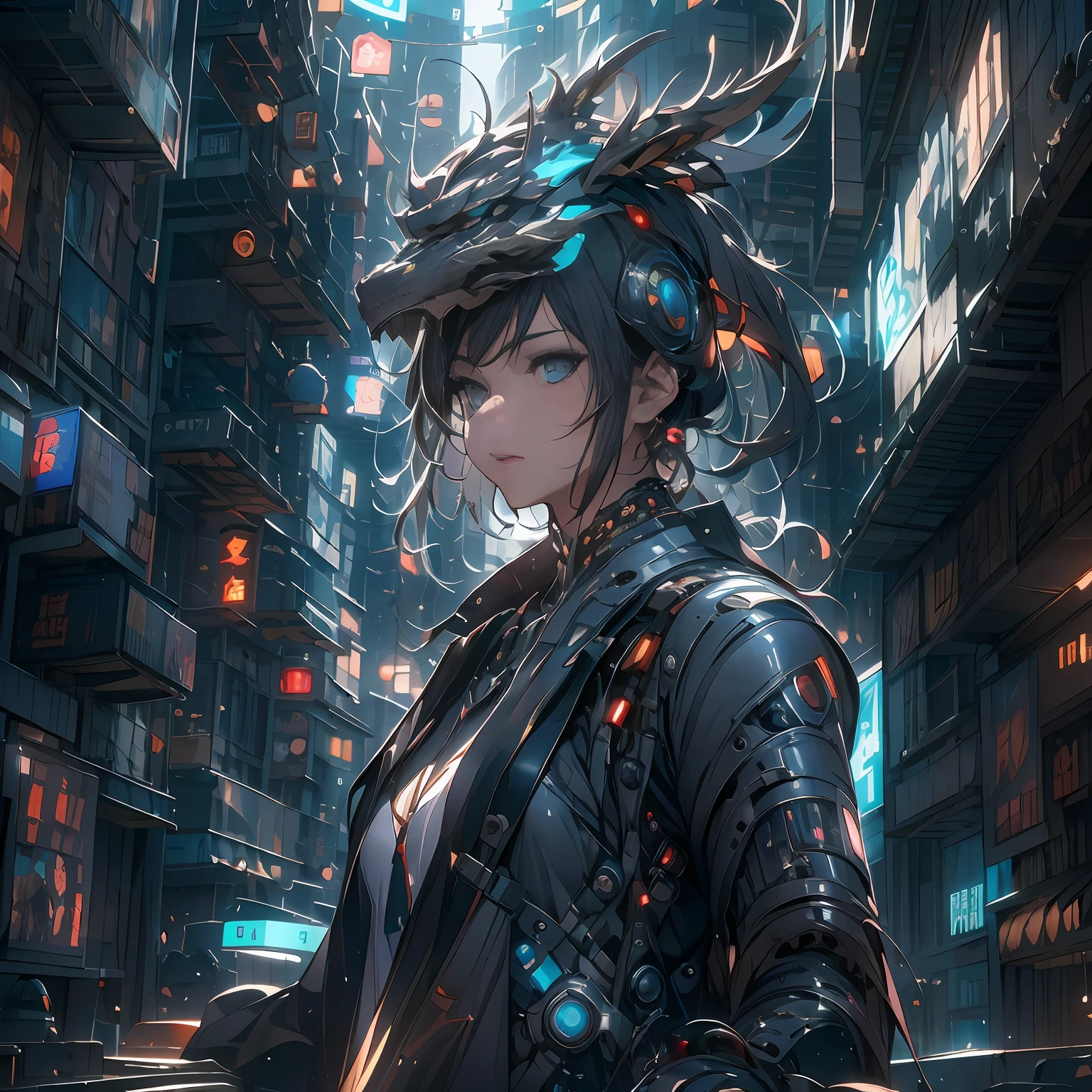 （（A futuristic））， （（mito））， （（fanciful）），Machinary，1girll， Cyberpunk urban environment， gray-haired girl，Avant-garde clothing， （Above its head is a mechanical Asian dragon：1.5）， （neonlight：1.2）， （cybernetically enhanced：1.1）， （Fine dragon scales：1.1）， （action-packed scene：1.2）， （cinematic compositions：1.1）， Mixed media artwork， 8K分辨率，best qualtiy，lightand shade contrast，Unreal 5，