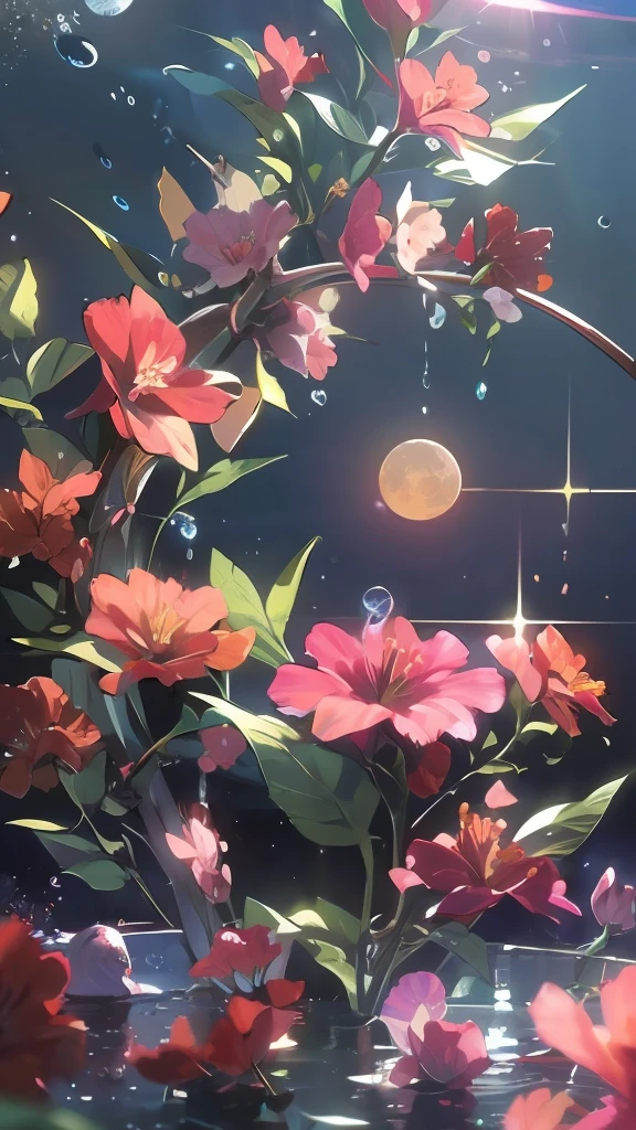hibiscus Moon with water drops,neon glow, random background, sun rise, bokha mood