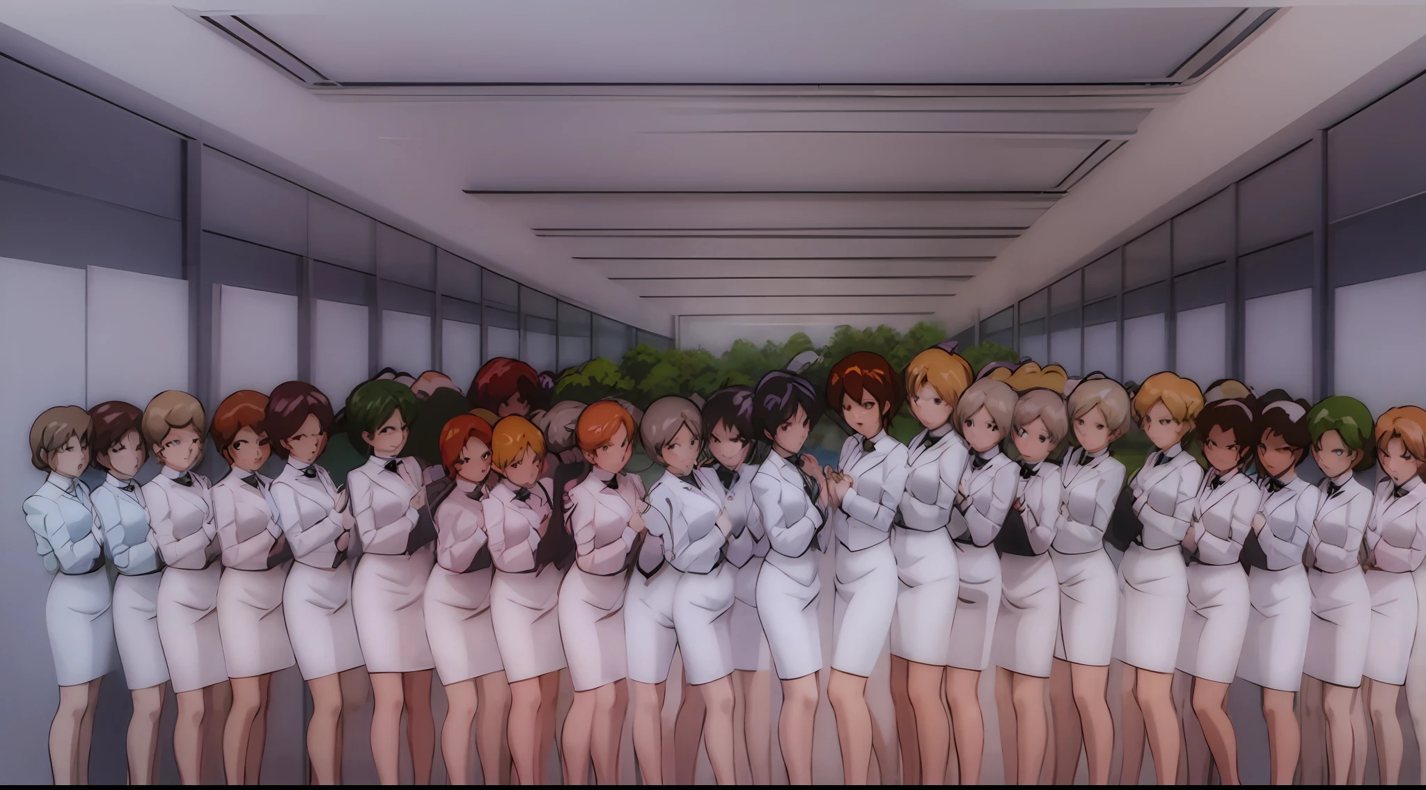 RETRO ARTSTYLE, 1990S (STYLE), perfect anime illustration, multiple girls, thousands of girls, millions of girls, clones, identical sisters, neat rows of sisters, neat columns of sisters, sisters standing in formation, sisters in background, brown hair, curly hair, matching hairstyle, hazel eyes, smiling, ((matching outfits, office lady, employee uniform)), matching hairstyles, white background, highres, full body, pose