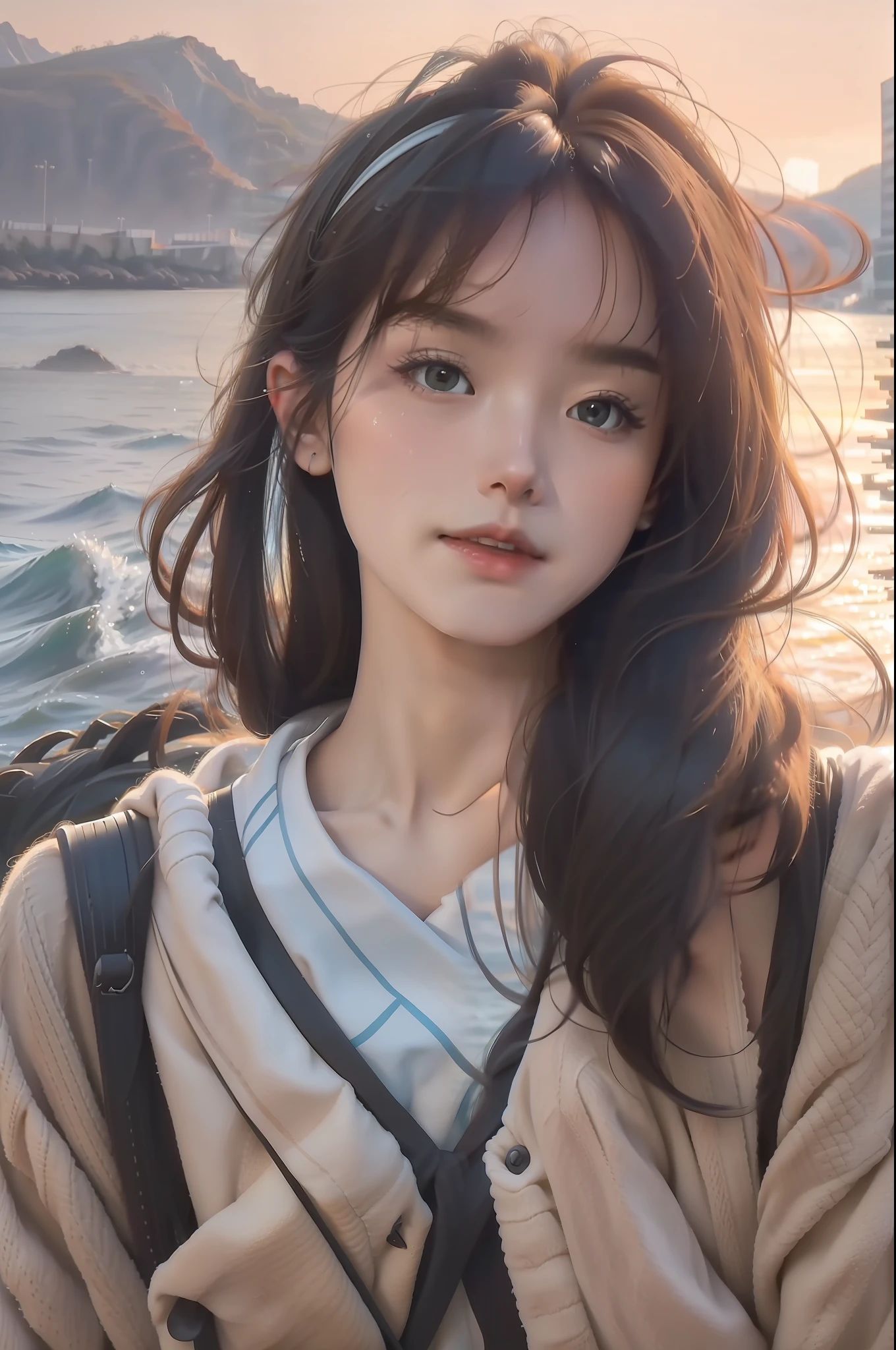 best quality, masterpiece, solo, high_res,1 beautiful girl sleeping, standard body, center, hair decoration, beautiful face, light makeup, Tyndall effect, realistic image, dark studio, daylight, clear everything, on the sea near the shore, beautiful island view behind, clear blue sea, wet ball body, (high detail skin: 1.2), 8k uhd, dslr, studio lighting, high quality, photos, high resolution, 8k, bokeh.