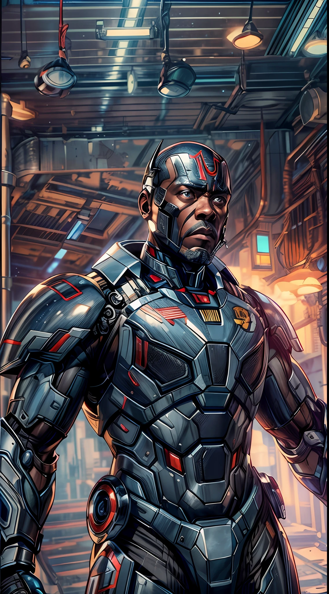 (RAW Photo, Best Quality), (Realistic, Photorealistic Photo: 1.3), Best Quality, Highly Detailed, Masterpiece, Ultra Detailed, Illustration, marvel cinematic universe, Don Cheadle, Rhodey, Prince James Rhodes, War Machine, stands tall in his armored suit, ready to defend with advanced weaponry, background should be epic, upper body, high detail on dress, Best Quality, Extremely Detailed CG Unified 8k Wallpaper, Ink, Amazing, badass look, portrait, close up (skin texture), intricately detailed, fine details, hyperdetailed.
