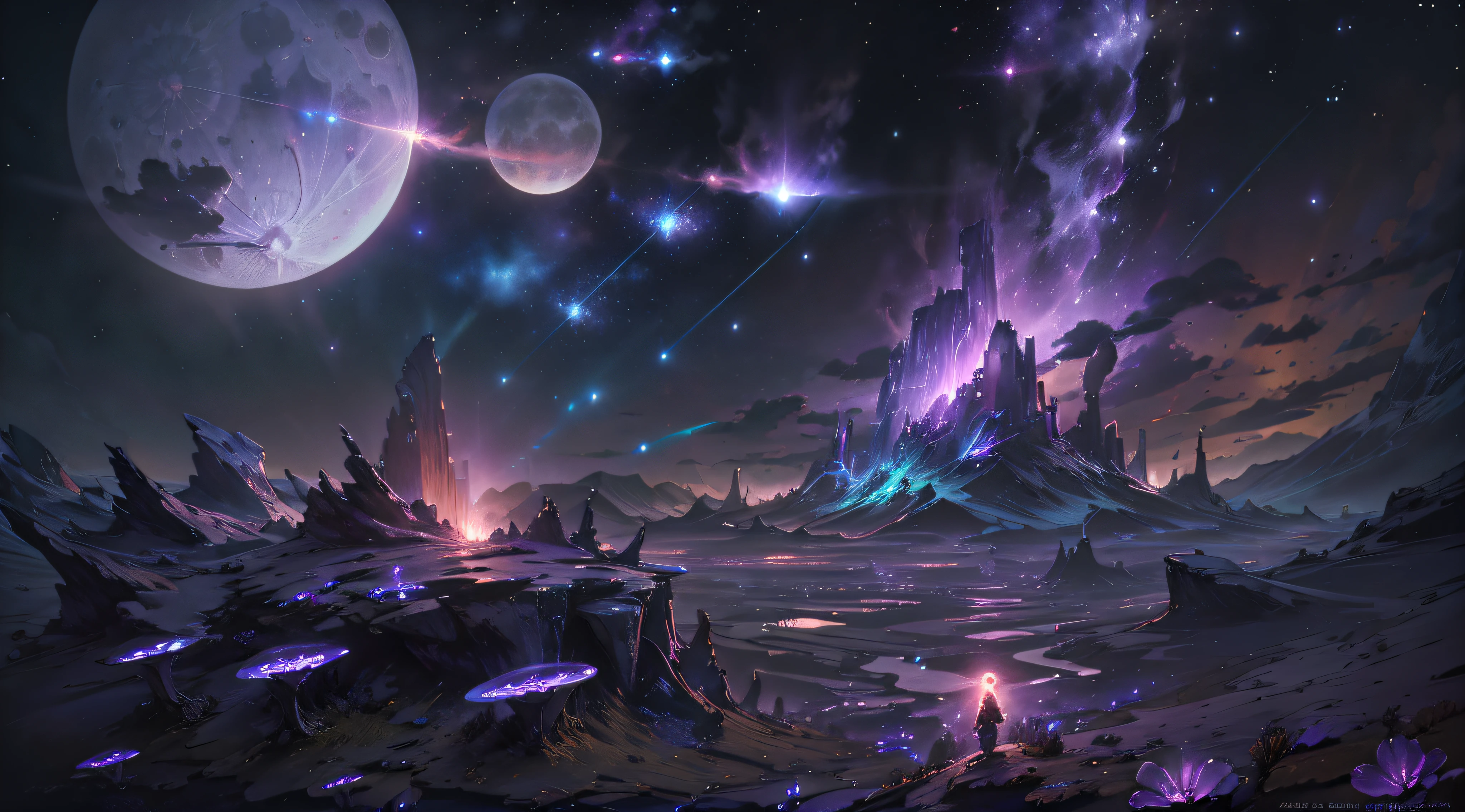 expansive landscape photograph , (a view from below that shows sky above and open field below), a girl standing on flower field looking up, (full moon:1.2), ( shooting stars:0.9), (nebula:1.3), distant mountain, tree BREAK
production art, (warm light source:1.2), (Firefly:1.2), lamp, lot of purple and orange, intricate details, volumetric lighting BREAK
(masterpiece:1.2), (best quality), 4k, ultra-detailed, (dynamic composition:1.4), highly detailed, colorful details,( iridescent colors:1.2), (glowing lighting, atmospheric lighting), dreamy, magical, (solo:1.2) --auto --s2
