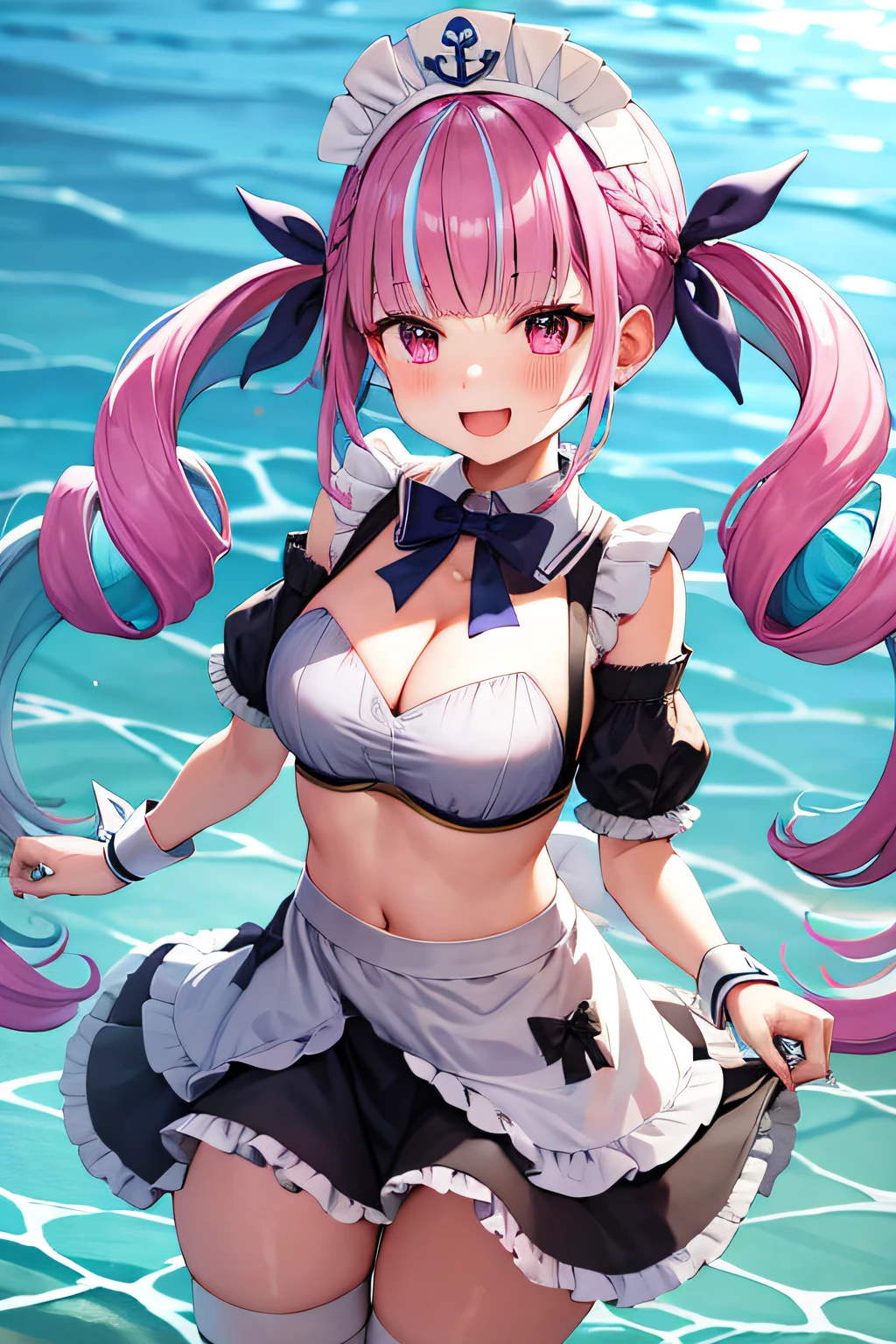 ​masterpiece、top-quality、***1人、Virtual Youtuber、Minato Aqua、multi color hair、Twin-tailed、Color Inner Hair、Two-tone hair、Drill Hair、twin drills、Ahoge、Ankle Cuffs、striated hair、white bow、Cowboy Shots,Smile,Opening Mouth,swimming pools,arms folded,cleavage,maid bikini