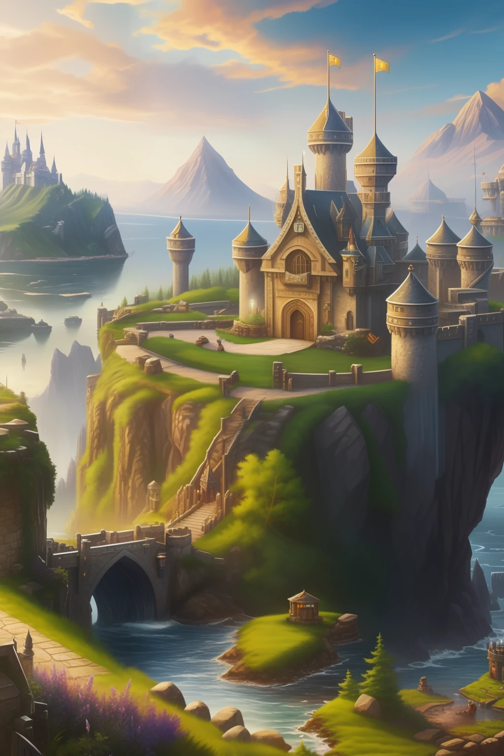 ((Best quality)), ((Masterpiece)), ((Realistic)), Fantasy Kingdom, Castle, borgar, landscape, Wide shot, illustration, Highly detailed, Sharp focus, a digital rendering, professional, 4K, art  stations