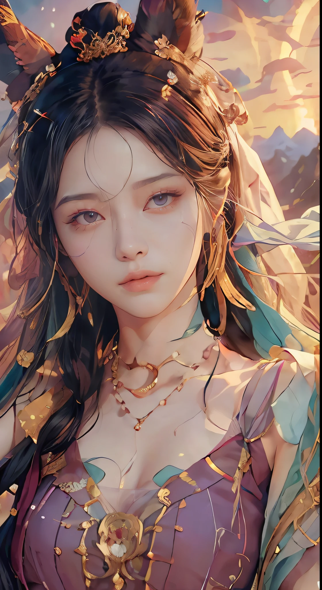 (RAW photos,best qualtiy),(realisticlying,photograph realistic:1.3),best qualtiy,highly detailed,tmasterpiece,hyper-detailing,illustratio,1girll,upper_body,dynamic angle,Masterpiece Theatre of the World,messy_long_hair,best qualtiy,extremely detailed CG unity 8k wal,ink,astounding,cinmatic lighting,lens_flare,,dunhuang_style,(RAW photos,best qualtiy),(realisticlying,photograph realistic:1.3),best qualtiy,highly detailed,tmasterpiece,hyper-detailing,illustratio,1girll,upper_body,dynamic angle,Masterpiece Theatre of the World,messy_long_hair,best qualtiy,extremely detailed CG unity 8k wal,ink,astounding,cinmatic lighting,lens_flare,,dunhuang_style,Purple clothing,long and flowing hair,hair adornments,choker necklace,jewely,beauitful face,Splendid mountains and rivers、Background of the sky