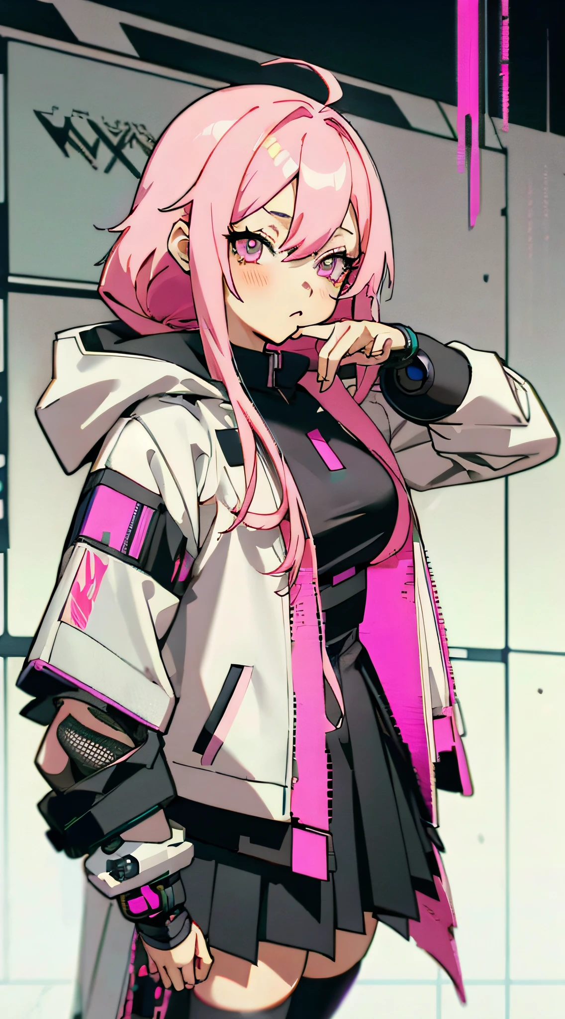 anime girl with pink hair and a white jacket and black skirt, anime style 4 k, cyberpunk anime girl in hoodie, anime style. 8k, anime art wallpaper 8 k, style anime, cyberpunk anime girl, anime vibes, anime art wallpaper 4 k, anime art wallpaper 4k, high quality anime artstyle, portrait anime space cadet girl, digital cyberpunk anime art