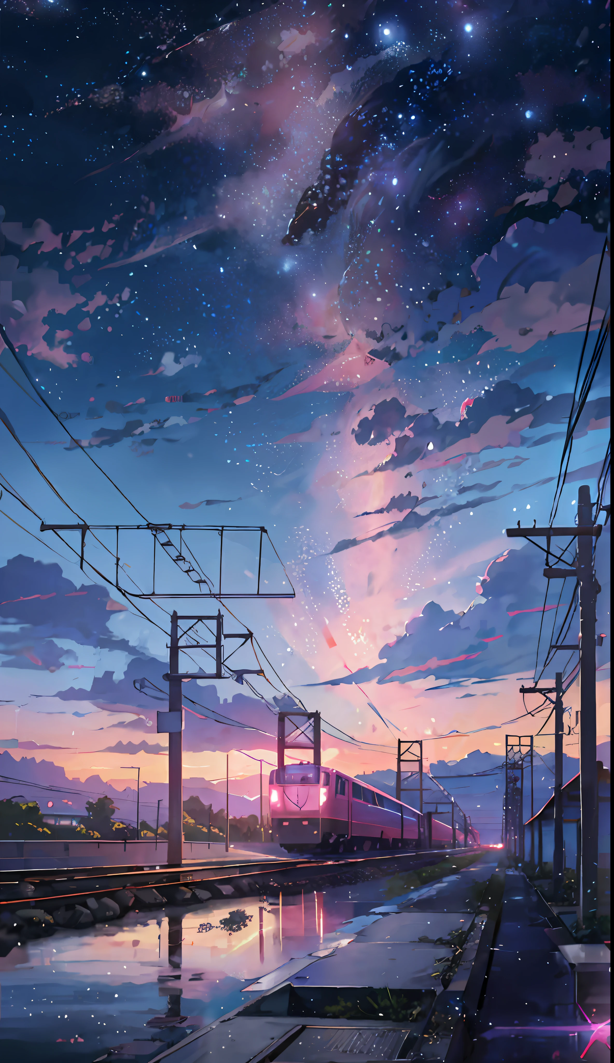 Anime train crossing track in sky background, beautiful and harmonious scene, exquisite animation, rich details (width is 672), high quality, clarity 4k, artistic 4k wallpaper, stunning anime landscape, 8k art wallpaper.