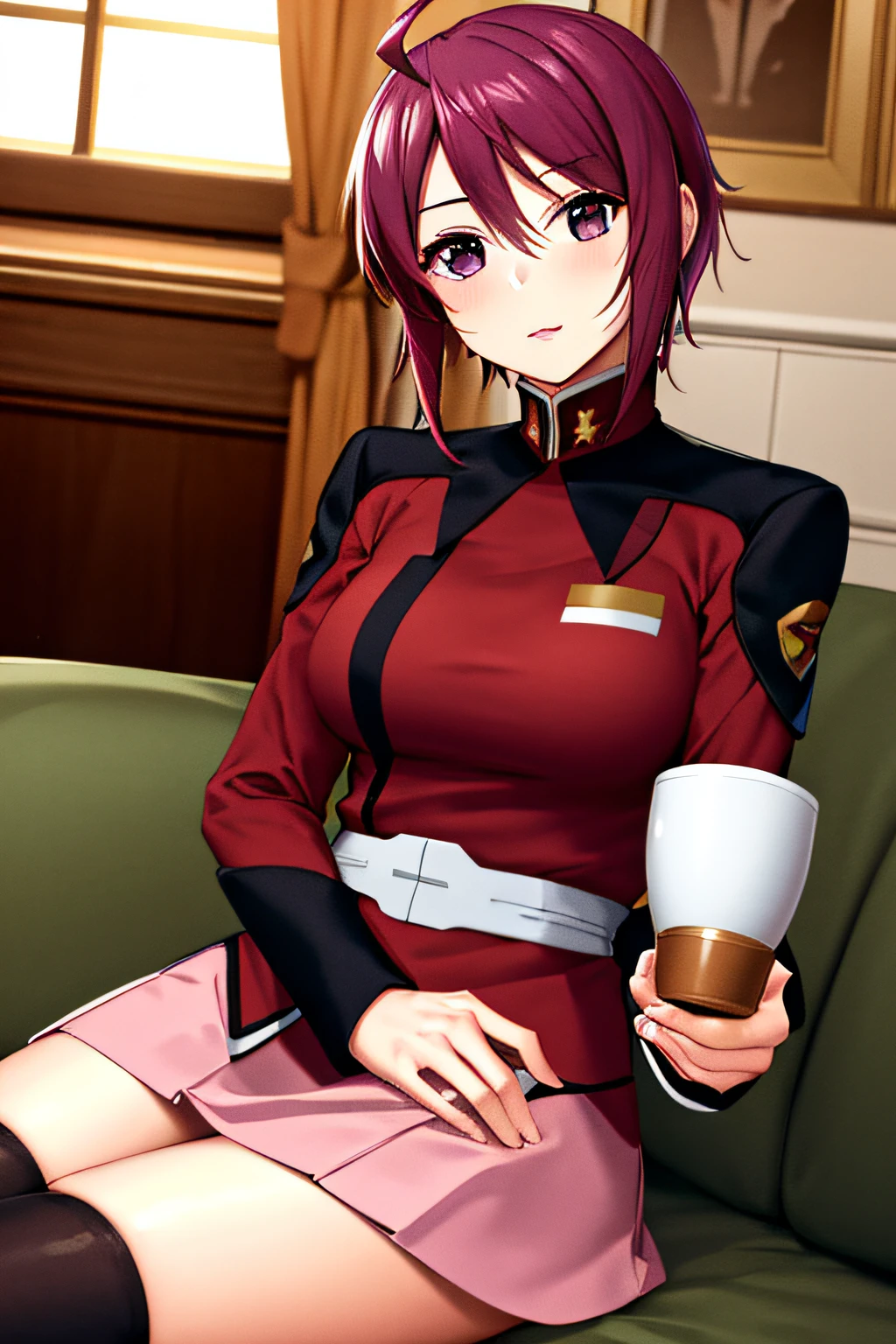 masterpiece, best quality, highres, 1girl, solo, pink skirt, military uniform, short hair, ahoge, black thighhighs, red hair, purple eyes, purple hair, long sleeves, indoor, cafe, sitting, holding cup