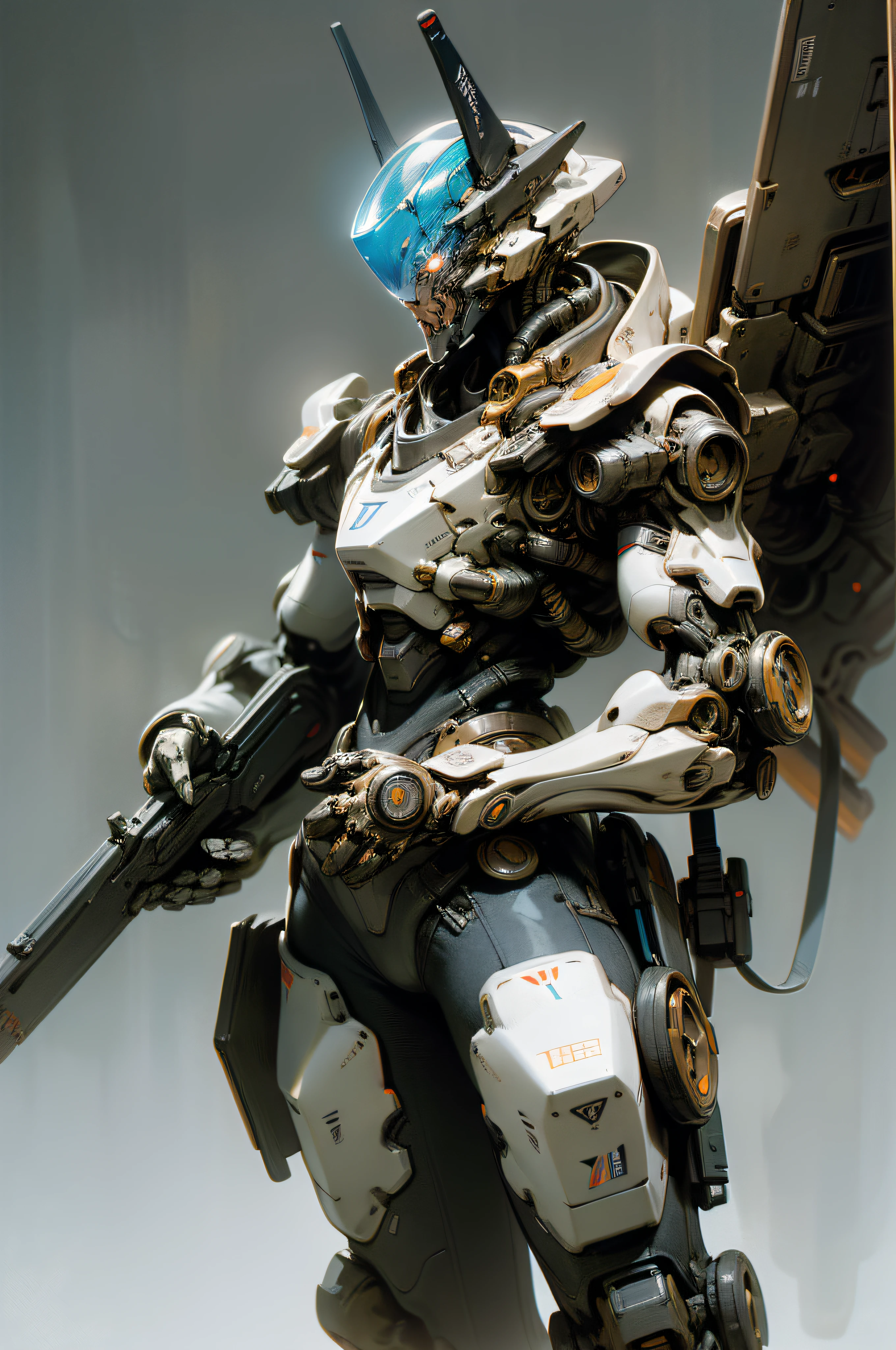 ((Masterpiece, Top Quality, Best Quality, Official Art: 1.2)), ((Game Concept Design, Tank Form: 1.5)) Very detailed, highest detail, high resolution, ((ultra-detailed)), deformed mech, light blue and white fuselage, vortex fan propellers on both shoulders, blue glowing eyes, threaded gun barrels, military giant mechs, missiles, rocks, futuristic technology, realism, cyberpunk, rule of thirds, cinematic lighting, saturated contrast, (simple background, Solid background: 1.3)