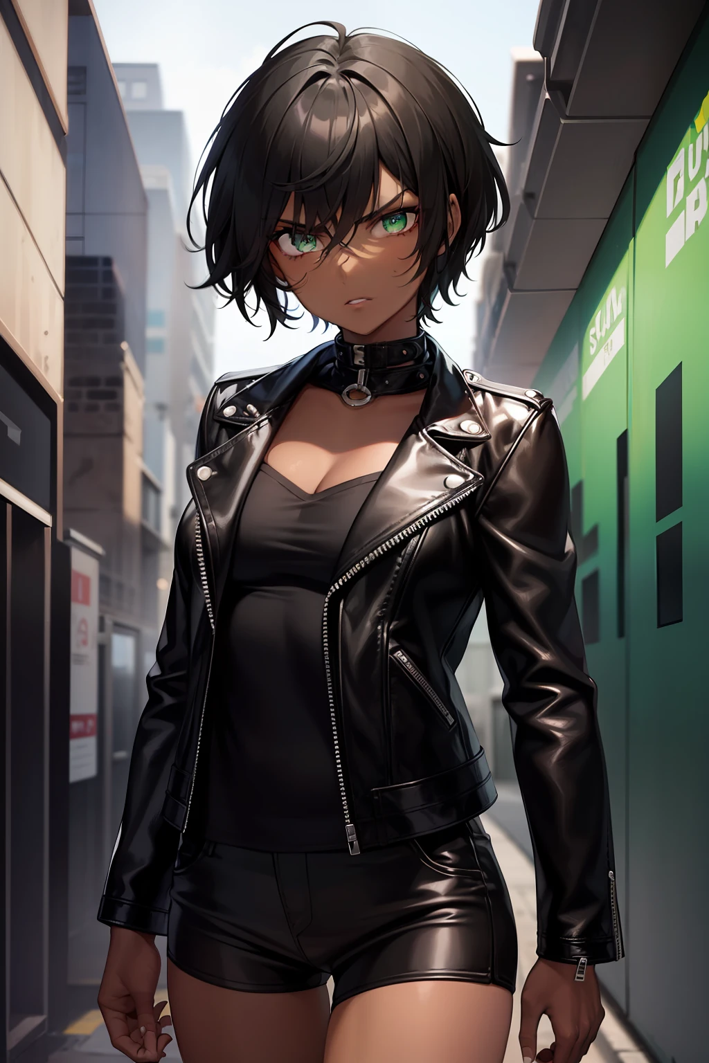 dark skin, angry, black leather jacket, green eyes, short black hair