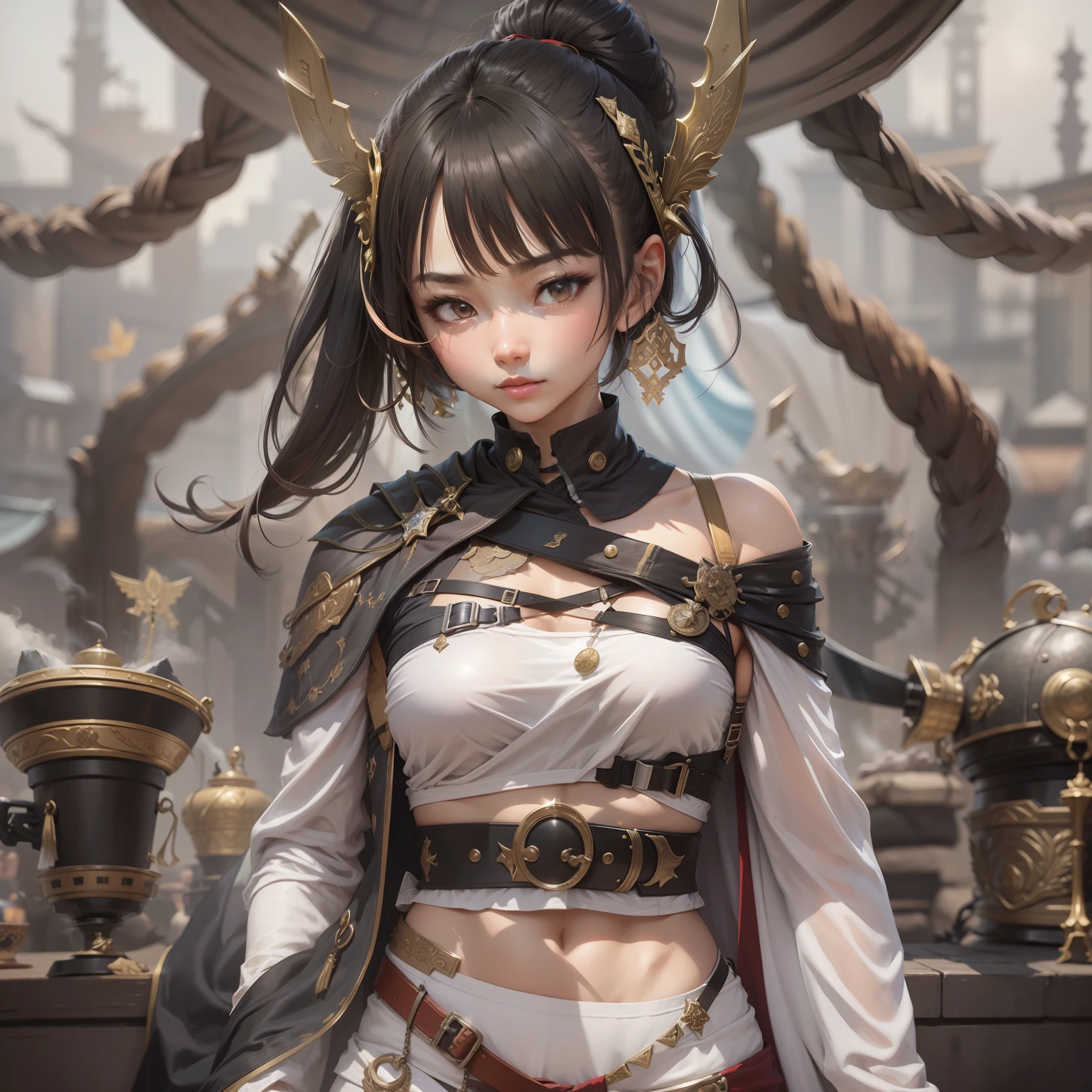 32K，New coffee products， arma， The sword， halter， Weapons of the future， 32K, Linen cloak, Top quality, Masterpiece:Faust，,1 child， short detailed hair， thin fog， Jump up， （tmasterpiece，k hd，hyper HD，16k）,clutching a sword， buliding， Reflectors， bloods， Eastern Asia， Weapon focus， Skysky， brunette color hair， knifes， shorter pants， fumo，  Mist， The clothes ar， bandagens， sword sheath， Masks， 独奏