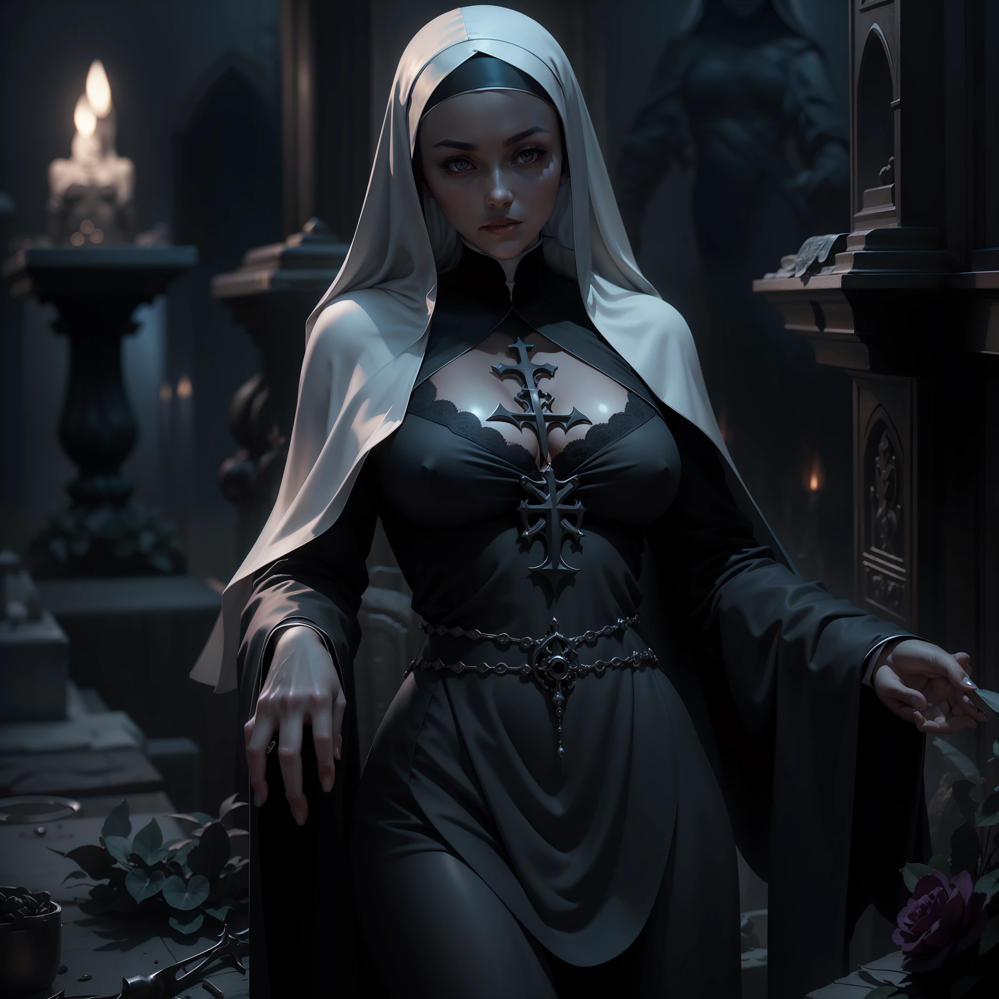 Dark cemetery、Silversmith Nun、ighly detailed、The female body with attention to detail、Beautiful skins、Clear skin、Well-proportioned body、Soft breasts、Areola and nipple、Shiny body、Dark cemetery、Spotlight illuminating the nun、cinematlic lighting、highcontrast、masterpiece、top-quality、Top image quality