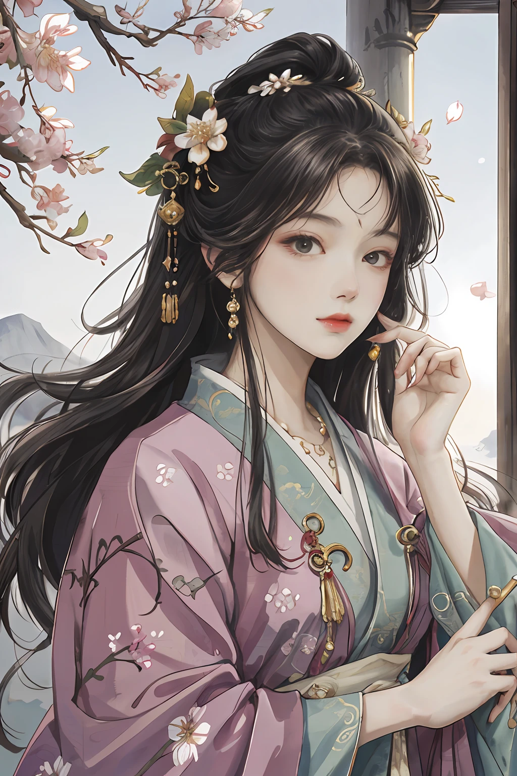 Original,(illustratio:1.1),(best qualtiy),(tmasterpiece:1.1),(the Extremely Detailed CG Unity 8K Wallpapers),(a color:1.2),1 Plum Blossom God,goddes,Bust,ancient costume,best qualtiy,Extremely detailed jewelry,Plum petals,scenecy,rios|Wagas,