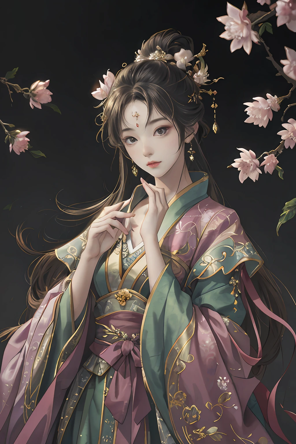 Original，（illustratio：1.1），（best qualtiy），（tmasterpiece：1.1），（the Extremely Detailed CG Unity 8K Wallpapers），（a color：1.2），1 Plum Blossom God，goddes，Bust，ancient costume，best qualtiy，Extremely detailed jewelry，Plum petals，scenecy，rios|Wagas，