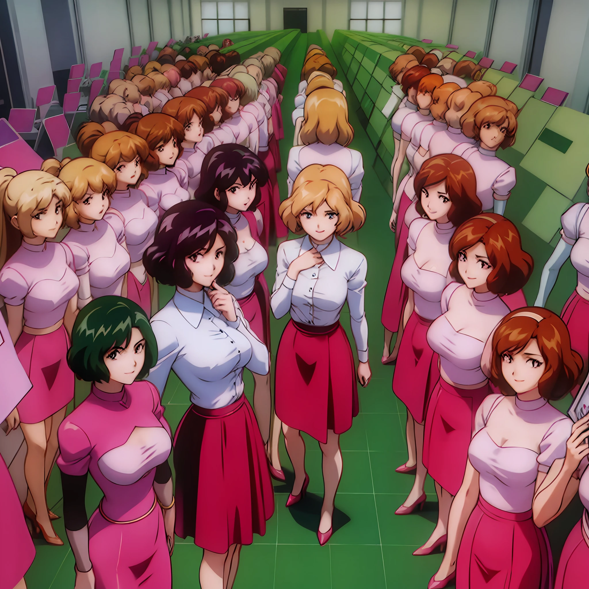 RETRO ARTSTYLE, 1990S (STYLE), perfect anime illustration, multiple girls, thousands of girls, millions of girls, clones, identical sisters, neat rows of sisters, neat columns of sisters, sisters standing in formation, sisters in background, brown hair, curly hair, matching hairstyle, hazel eyes, smiling, ((matching outfits, office lady, employee uniform)), matching hairstyles, white background, highres, full body, pose