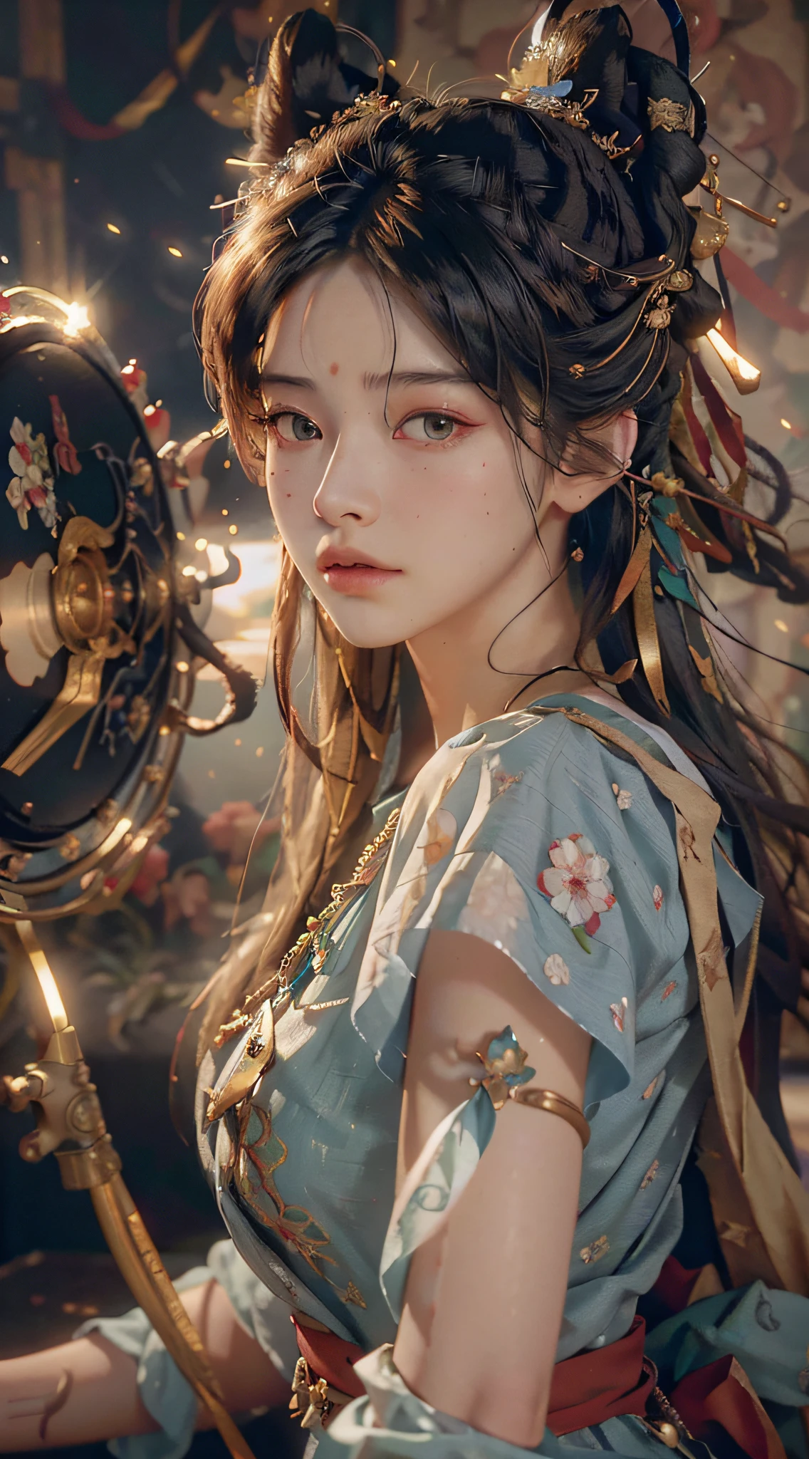 (RAW photo, best quality), (realistic, photo-realistic:1.3),best quality,highly detailed,masterpiece,ultra-detailed,illustration,1girl,upper_body,dynamic angle,world masterpiece theater,messy_long_hair,best quality,extremely detailed CG unity 8k wallpaper,ink,Amazing,cinematic lighting,lens_flare, dunhuang_style
