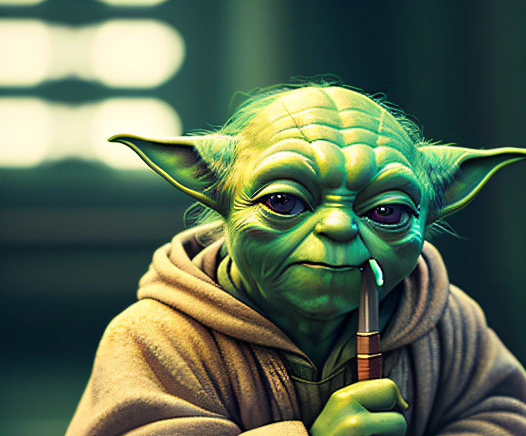 4k, a low Master Yoda with a cane, eye contact, focus, background indoors, precisionism,, ((((cinematic look)))), soothing tones, insane details, intricate details, hyperdetailed, low contrast, soft cinematic light, dim colors, exposure blend, hdr, faded, slate gray atmosphere