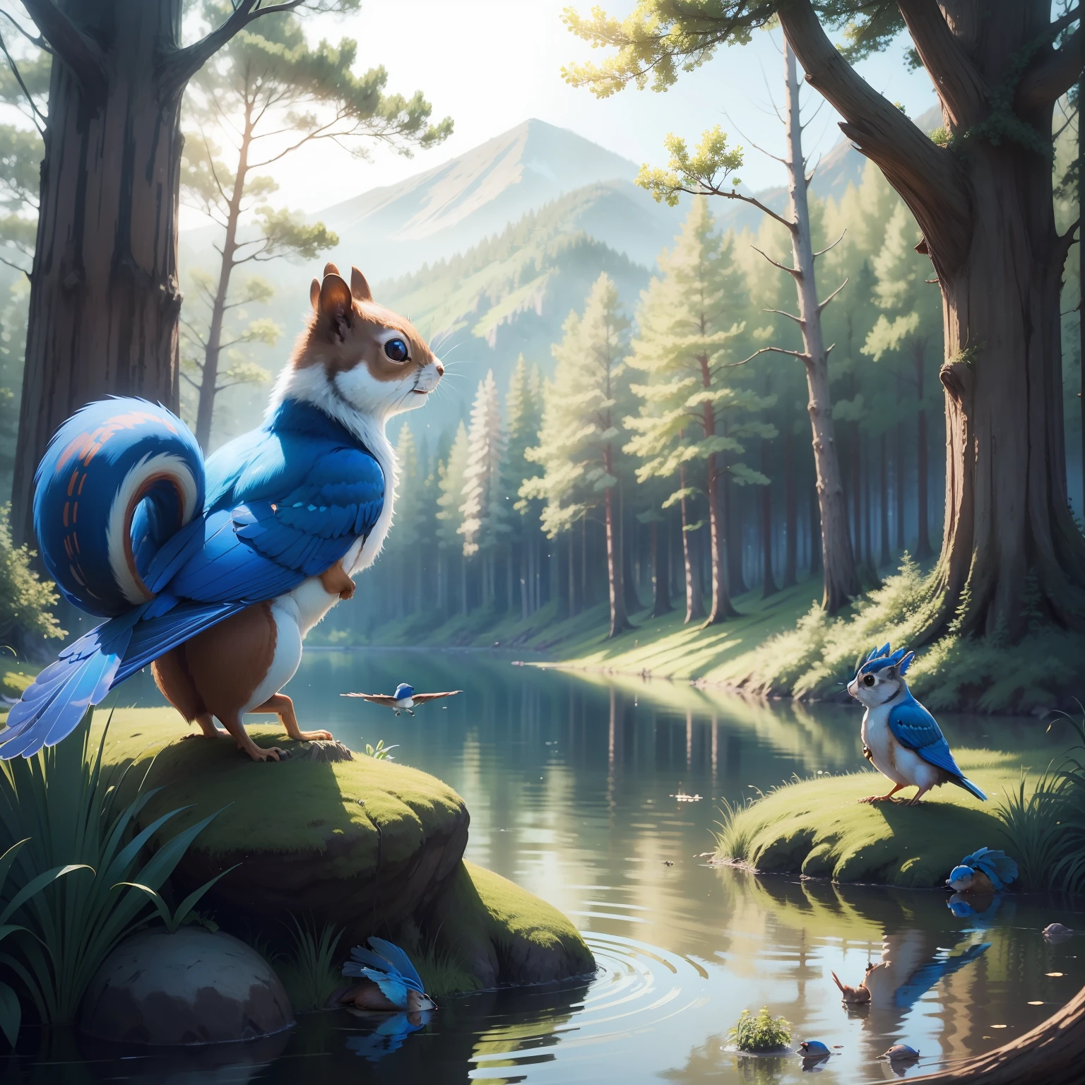 1 squirrel and 1 bluebird in a clearing by a lake, mystical forest, enchanted forest, mystical forest