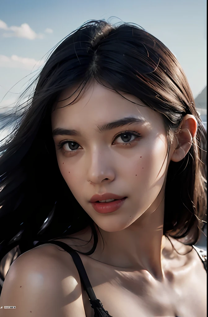 best quality, masterpiece, photo realistic, intricate details, raw photo, photon rendering, octane render, absurdres, ultra detailed, detailed face, detailed skin, trending on artstation, 8k masterpiece, cinematic lighting, ( (1girl)),((solo)),((looking_at_viewer)),trending on cg society,plasticien,((black long hair)),((beautiful woman)),(Smile),sexy lingerie, lingerie, underwear, bra,((Egyptian pyramid)),((sexy)),wind blowing hair, ((flowing hair)),happy,fashion magazine,