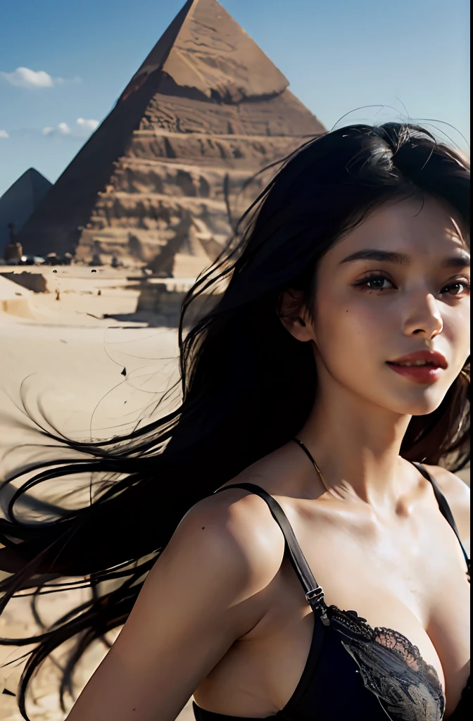 best quality, masterpiece, photo realistic, intricate details, raw photo, photon rendering, octane render, absurdres, ultra detailed, detailed face, detailed skin, trending on artstation, 8k masterpiece, cinematic lighting, ( (1girl)),((solo)),((looking_at_viewer)),trending on cg society,plasticien,((black long hair)),((beautiful woman)),(Smile),sexy lingerie, lingerie, underwear, bra,((Egyptian pyramid)),((sexy)),wind blowing hair, ((flowing hair)),happy,fashion magazine,