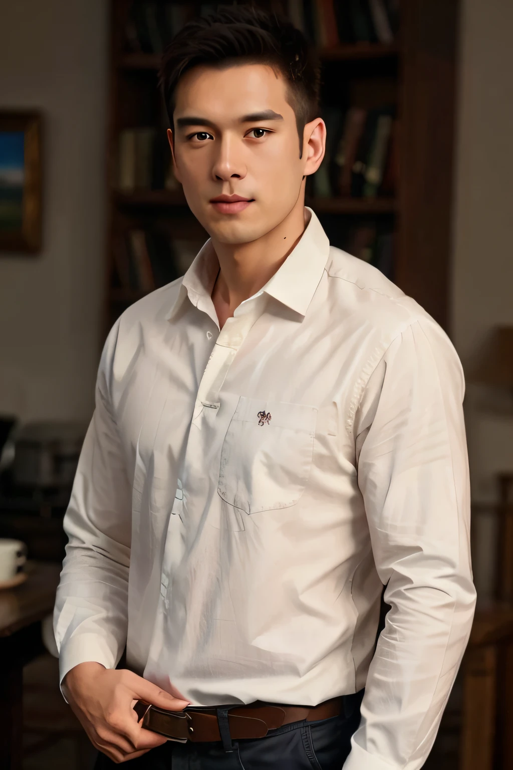 1人,
a 30 y.o Muscular males,Wear a long-sleeved white shirt and tie, Drinking coffee,
Soft lighting,
Masterpiece, Best quality, 8K UHD, Digital SLR, filmgrain, Fujifilm XT3 The art of realistic painting,Composed by Midjourney and Greg Rutkowski