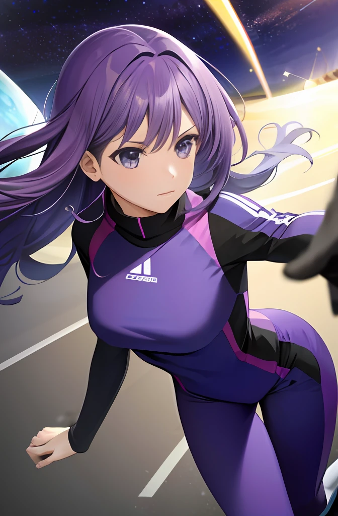Purple tight spacesuit,wide wide shot,the night,outerspace,kosmos,running pose