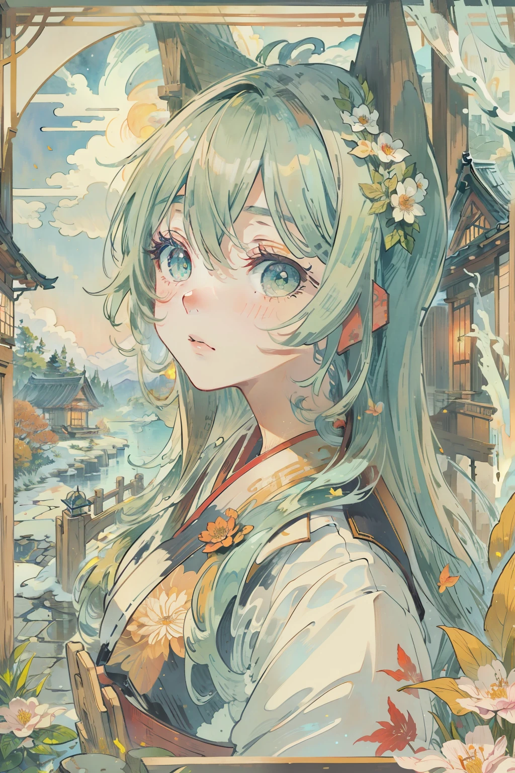 1girll,(fox ear:1.1),shirakami fubuki,looking at viewert,jewely,ribbon,Ribbon sleeves,long whitr hair,white colors,Aqua green eyes,watercolor paiting(curly),colorized pencil(curly),green bow,(Blue rose:1.1), 耳Nipple Ring, mont, eventide, fall leaves, ((Autumn)), Hanfu, clouds, east asian architecture, The bird, face expressionless, Buildings, Red rose, rosette, Yuki, snowflower, firey, (Nagisa Mito:1.2 ), Skysky, blue-sky, Red Moon, fox tails, kitsune mask, reddress, dampness, Sateen, Eau, flor branca, blueflower, yellowflower, meteors, starrysky, The tree, Green background, rainbowing, bloods, Casa,the street,(rios:0.8),(the ocean:0.8),(waterfallr:0.8),The hand is not shown in the sleeve,lamp post,lamp lights,(the night:1.255)