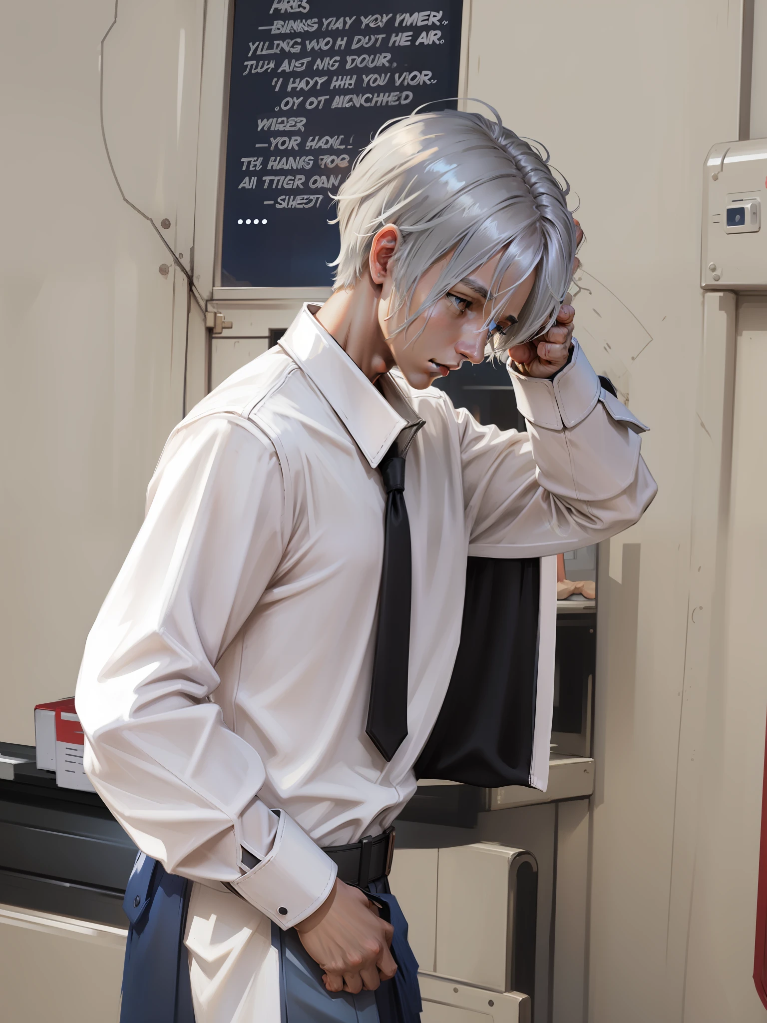 Silver hair medium distribution type,Boy in white shirt and black tie