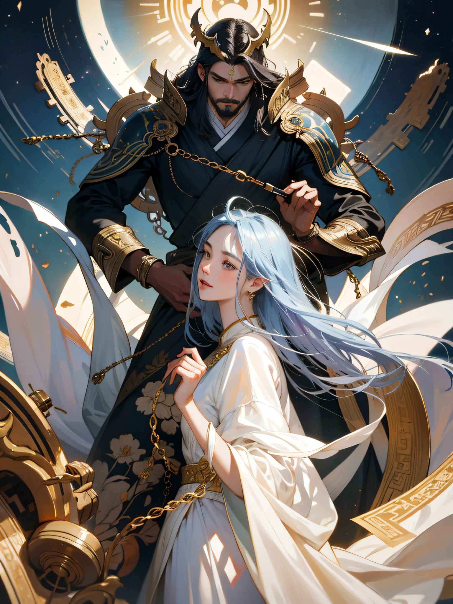 High quality, Masterpiece, Masterpiece, Exquisite facial features, Exquisite Hair, Elaborate Eyes, Delicate colored hair, 4K quality, Gorgeous light and shadow, Tyndall effect, Halo, Messy hair, Young state, Gorgeous scenes, Beautifully dressed, Chains, feater,Ancient Chinese beauties have big eyes and rich details, Digital painting, art  stations, concept-art, Sharp focus, illustration, greg rutkovsky（Greg Rutkowski）、An Alphonse Mucha's（Alphonse Mucha）and Victor Ngay（Victo Nkai）of works of art