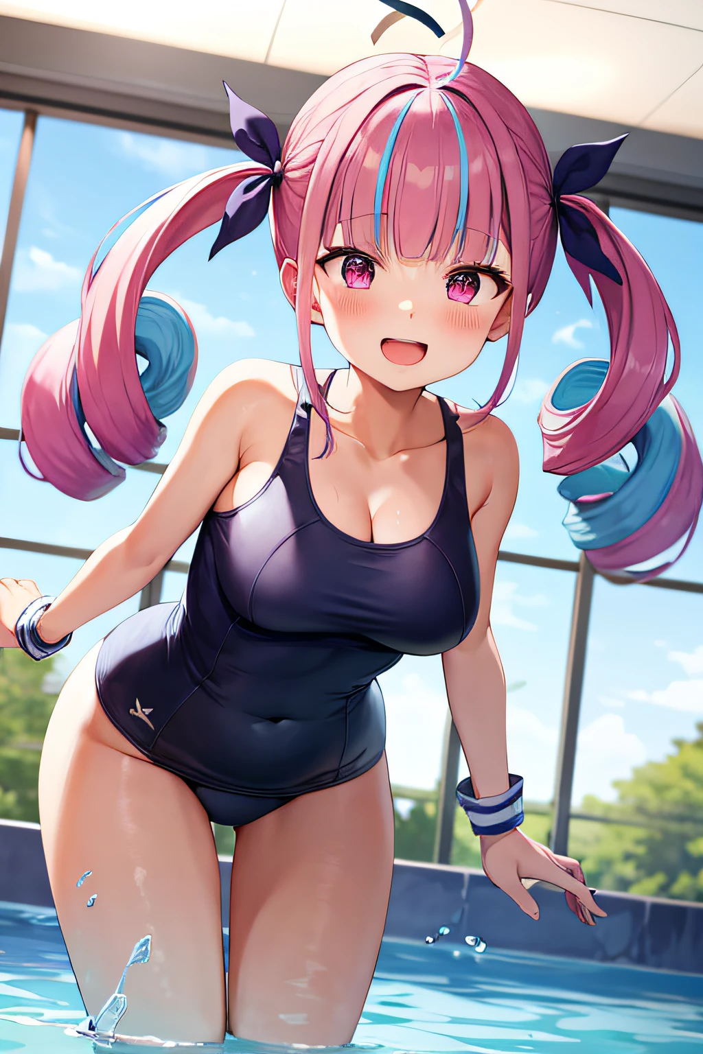 masterpiece、top-quality、女の子1人、Virtual Youtuber、Minato Aqua、multi color hair、Twin-tailed、Color Inner Hair、Two-tone hair、Drill Hair、twin drills、Ahoge、Ankle Cuffs、striated hair、white bow、School Swimsuit、Cowboy Shots,Smile,Opening Mouth,swimming pools,arms folded,cleavage,bent over、medium breasts