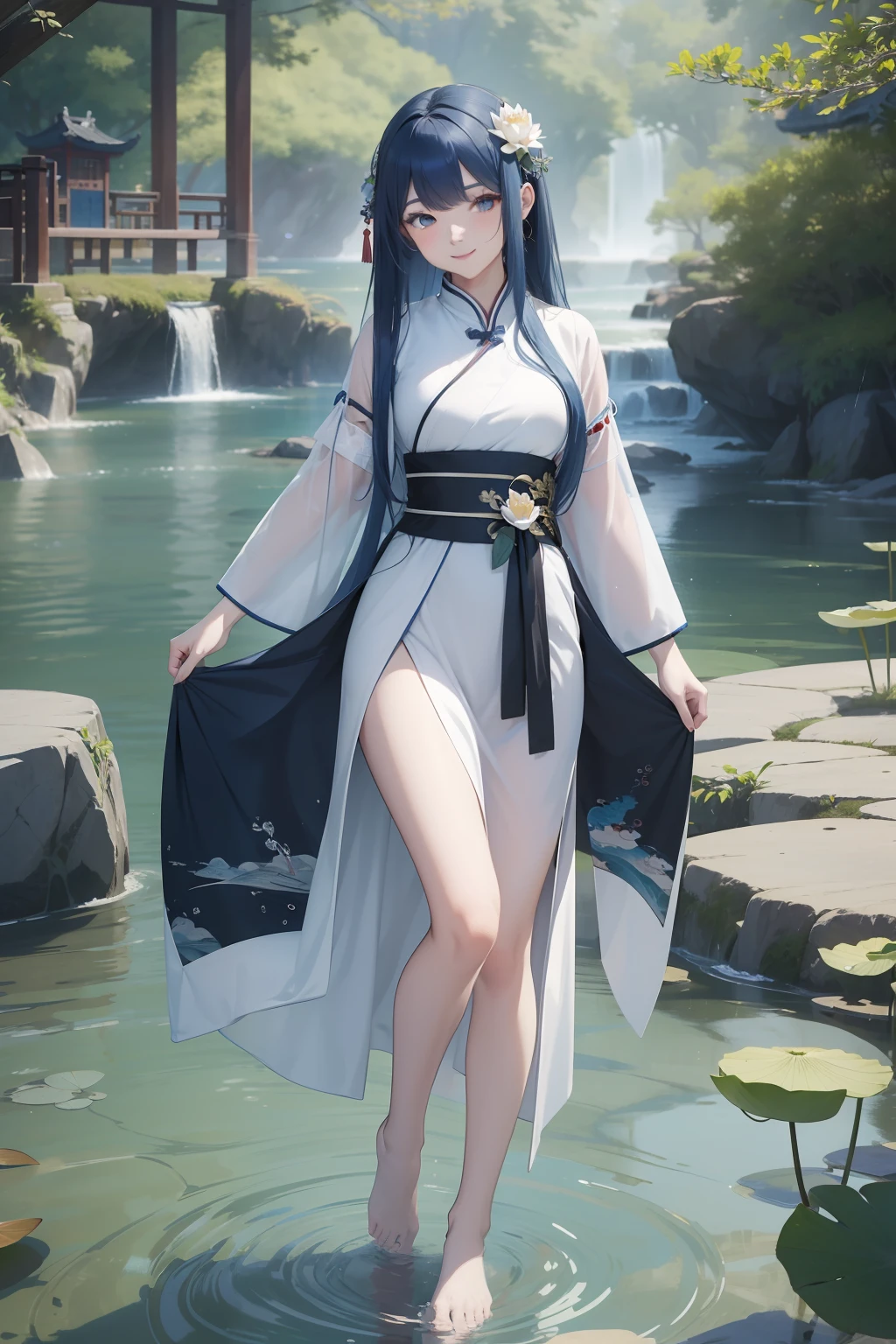 ((4k,masterpiece,best quality)), shuimobysim, traditional chinese ink painting, lotus,  hanfu, maxiskit, dress conservatively
1girl, solo, long blue hair, smile, standing, feet in the water, barefoot,