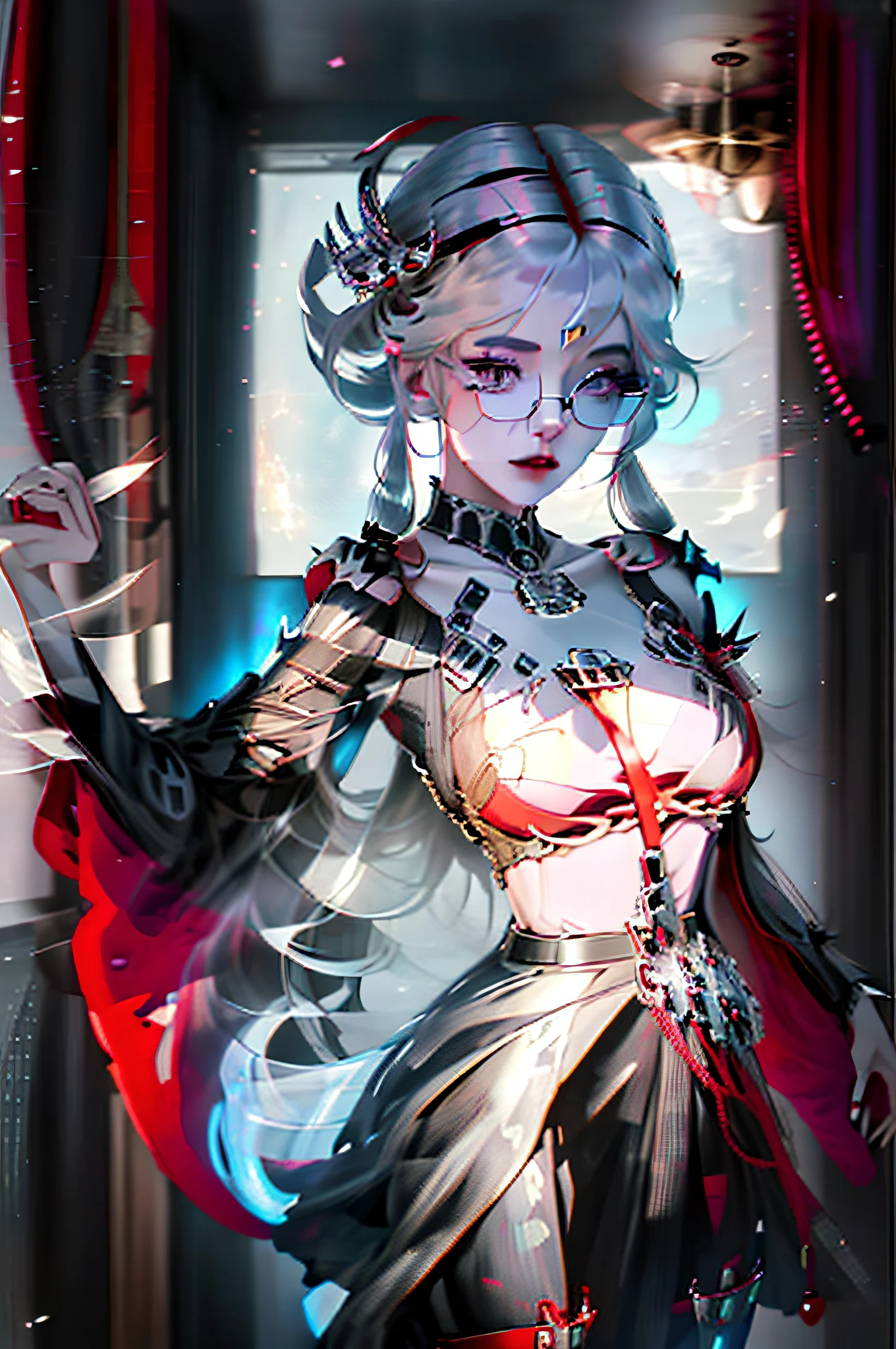 Anime - Stylistic image of a woman in a long skirt and a red cape, gothic maiden anime girl, plumw,Slim figure,attractive matoi ryuko, zerochan art, anime full body illustration, demon anime girl, Vampires, (Anime girl), Anime girl wearing black dress, Key anime art, beautiful fantasy anime, female anime character, Anime art wallpaper 8 K, Anime character art,plumw,Big chest,Fruitful,So much so that the clothes cracked,Low angle view,wears glasses,Go home in the hallway,inside in room