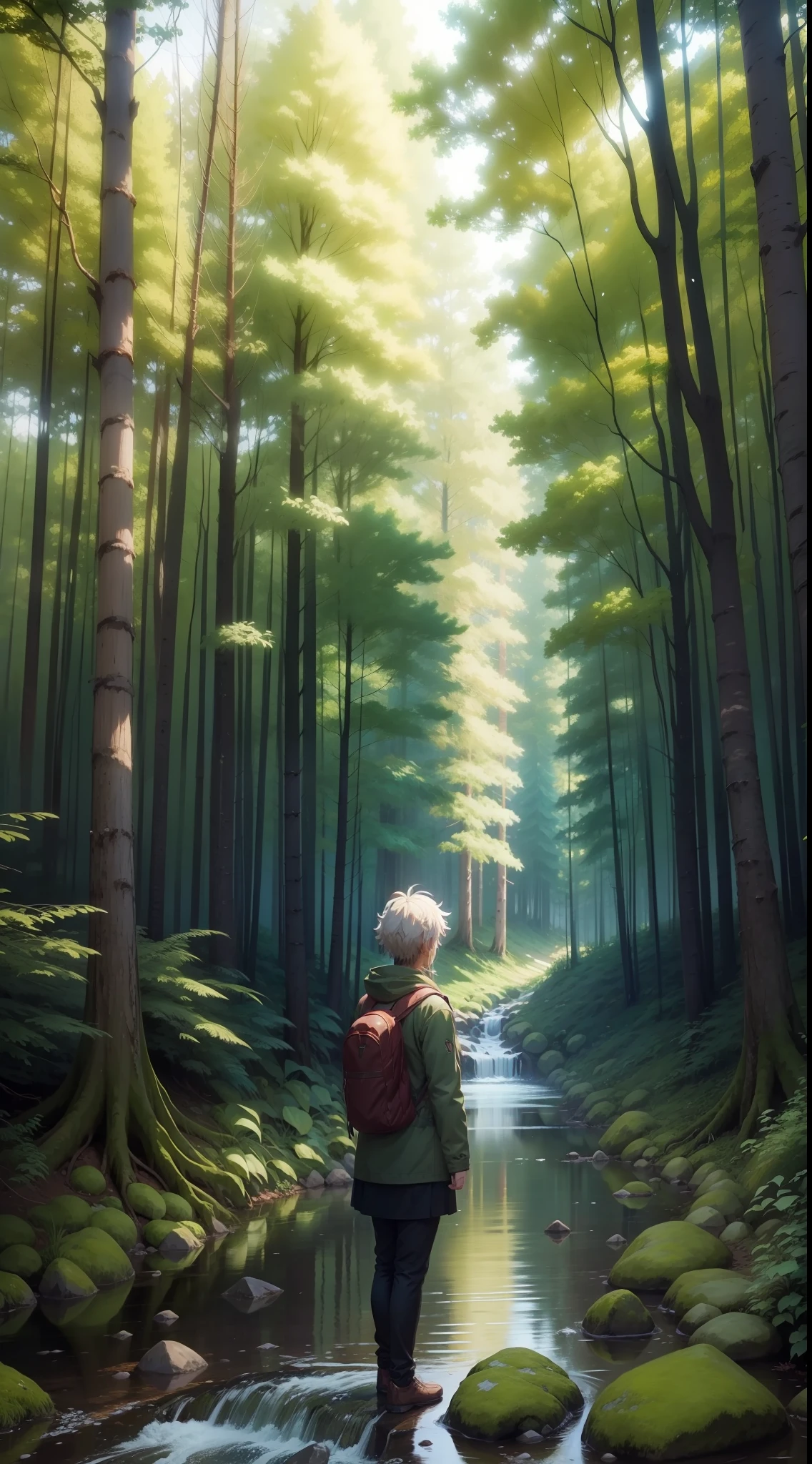 Introverted anime in a beautiful forest