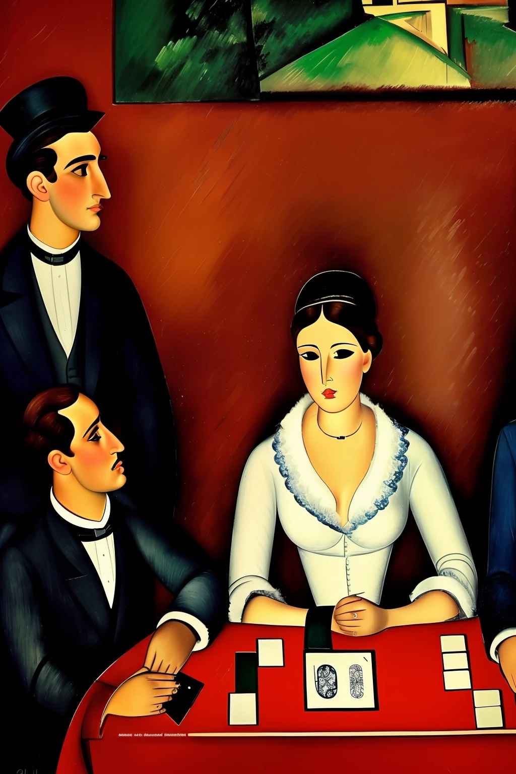 4 characters play cards in a Paris café in the early 20th century, los invitados son ((characters from the works of Amedeo Modigliani seated according to the composition of the image to be generated , otros personajes de pie en el fondo o a los lados))cinematography lighting, ultra detallado, Pintura digital, Artstation, arte conceptual, Suave, foco nítido, 插圖, (piel alta y detallada:1.2), 8k UHD, DSLR, Soft lighting, alta calidad, Film grain, Fujifilm XT3 mix4 Wildstyle RAW foto,
