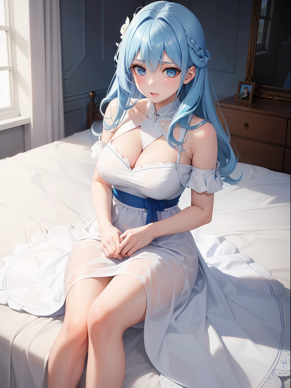 a women, blue hair, blue eyes, white dress