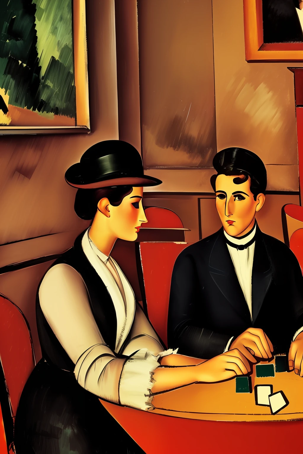 4 characters play cards in a Paris café in the early 20th century, los invitados son ((characters from the works of Amedeo Modigliani seated according to the composition of the image to be generated , otros personajes de pie en el fondo o a los lados))cinematography lighting, ultra detallado, Pintura digital, Artstation, arte conceptual, Suave, foco nítido, 插圖, (piel alta y detallada:1.2), 8k UHD, DSLR, Soft lighting, alta calidad, Film grain, Fujifilm XT3 mix4 Wildstyle RAW foto,