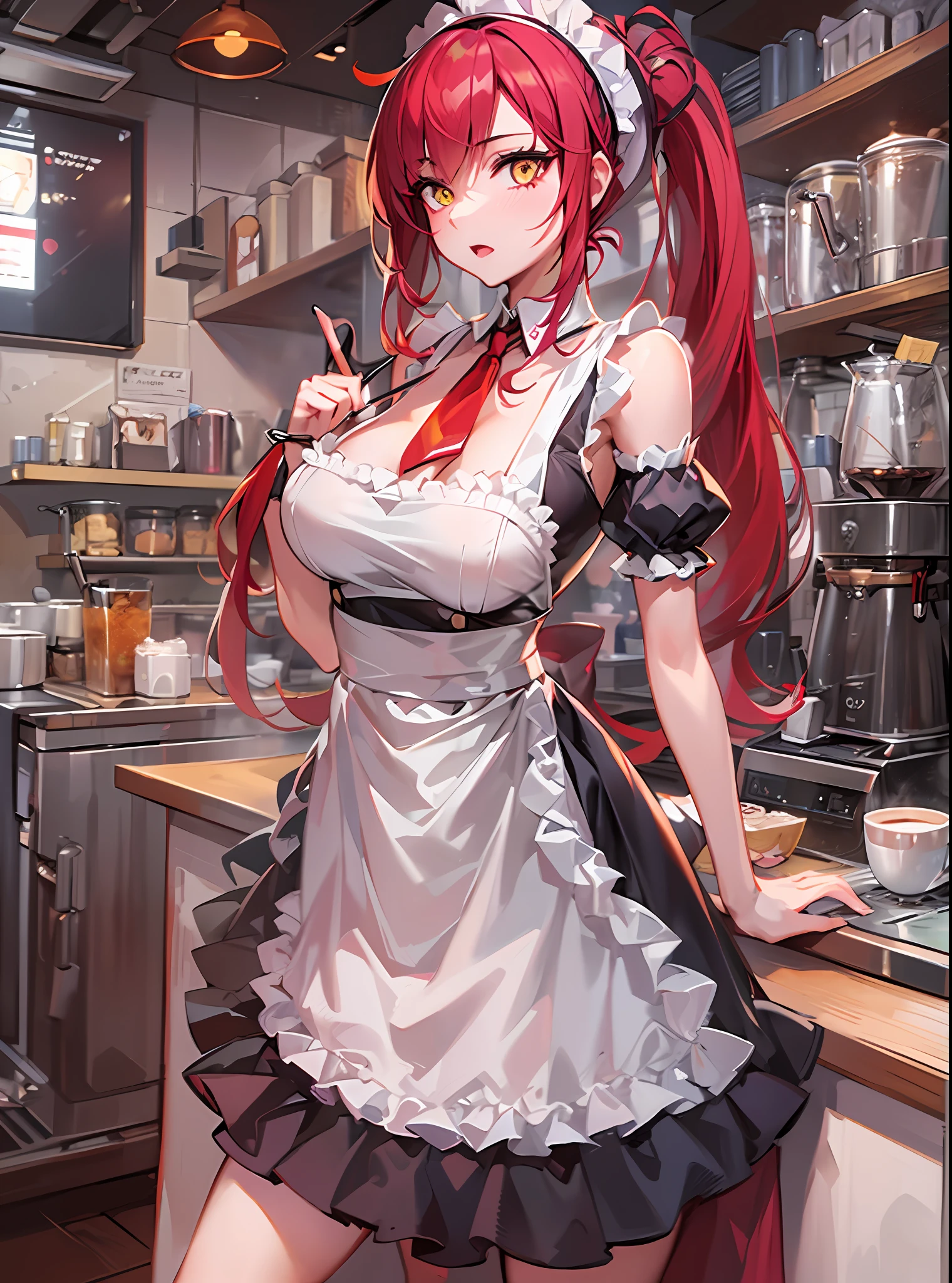 ((masterpiece)), ((best quality)), adult girl, long hair, big bust, very long red hair, yellow eyes, ponytail, ((maid clothes)), short skirt, exposed skin, luminous clothes, ((coffee shop)), stockings, good anatomy, heels, evil, intimidant, bloody, standing, ((beautiful eyes)), coffee background, close up, ((detailed eyes)), beautiful eyes, hair bang, frontal look, detailed lines, high quality, ((extra detailed face))