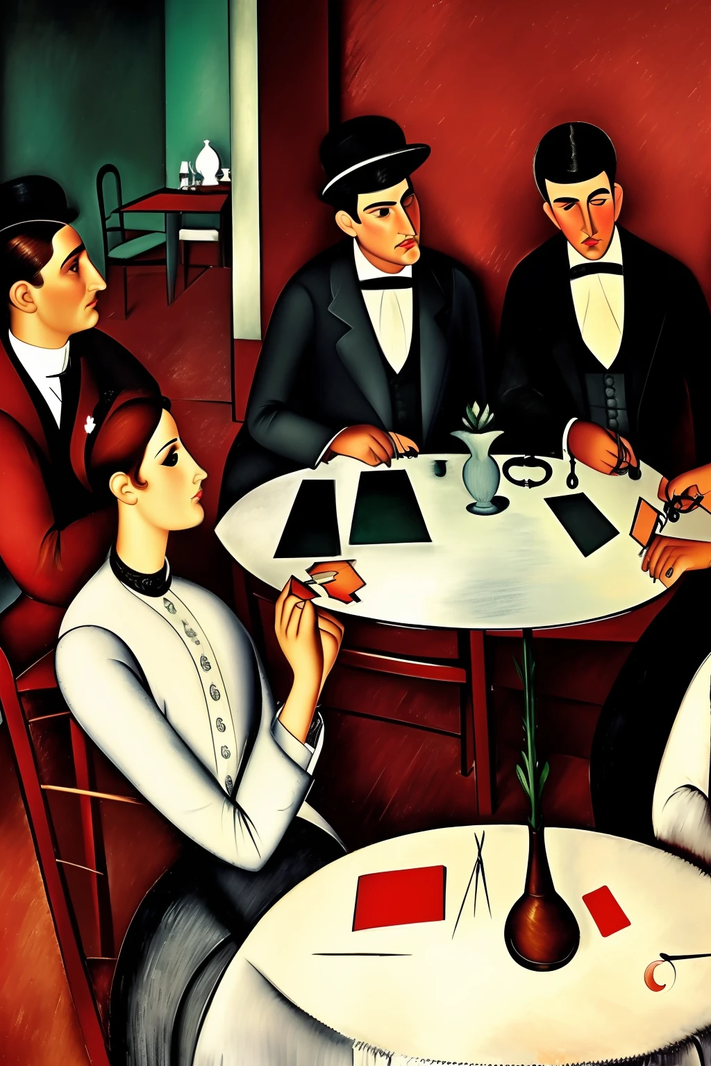 4 characters play cards in a Paris café in the early 20th century, los invitados son ((characters from the works of Amedeo Modigliani seated according to the composition of the image to be generated , otros personajes de pie en el fondo o a los lados))cinematography lighting, ultra detallado, Pintura digital, Artstation, arte conceptual, Suave, foco nítido, 插圖, (piel alta y detallada:1.2), 8k UHD, DSLR, Soft lighting, alta calidad, Film grain, Fujifilm XT3 mix4 Wildstyle RAW foto,