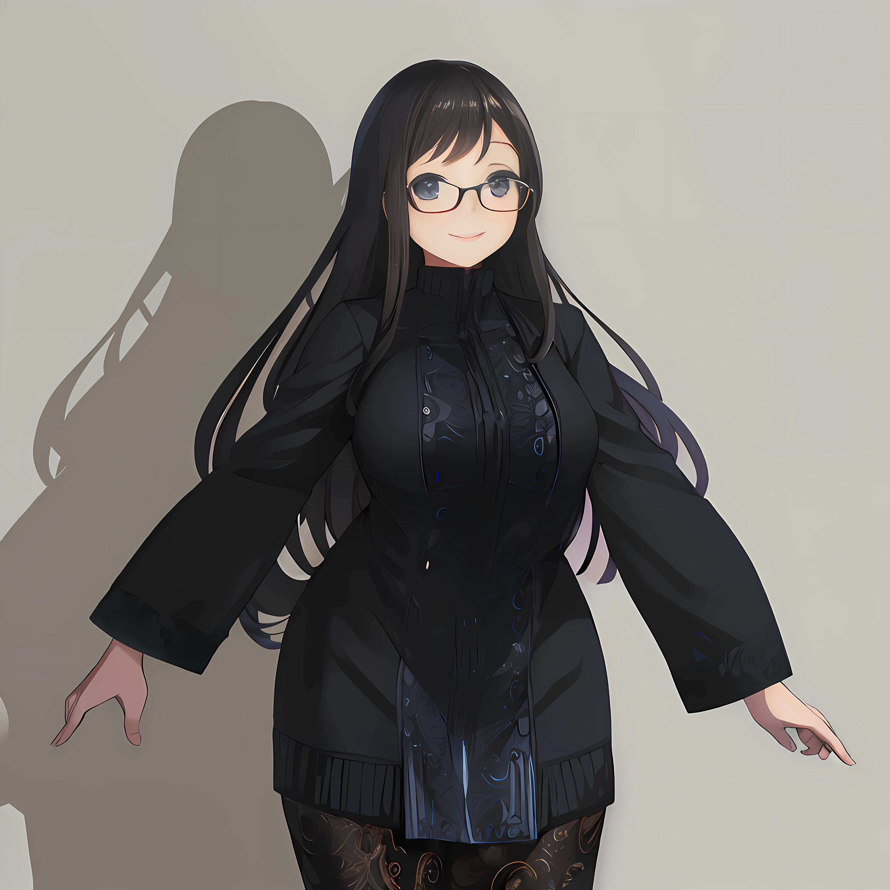 anime - style image of a woman with long hair and glasses, anime moe artstyle, smooth anime cg art, fullbody portrait, anime full body illustration, anime girl wearing a black dress, full-body character portrait, character full body portrait, full body portrait of a short!, full body character portrait, !!full body portrait!!, fanartbest quality, masterpiece, 1girl, 15 years old, best face, rim lighting, (high detailed skin:1.2), 8k uhd, high quality, high resolution, 4k, 8k, bokeh, absurdres, best ratio four finger and one thumb, amazing ilustration, best background matching, anime style 4 k, beautiful background, ultra hd 8K, simetrical eyes, beautiful eyes, detailed eyes, detailed pupil, black eyes, best anatomy, gently smile, glance left