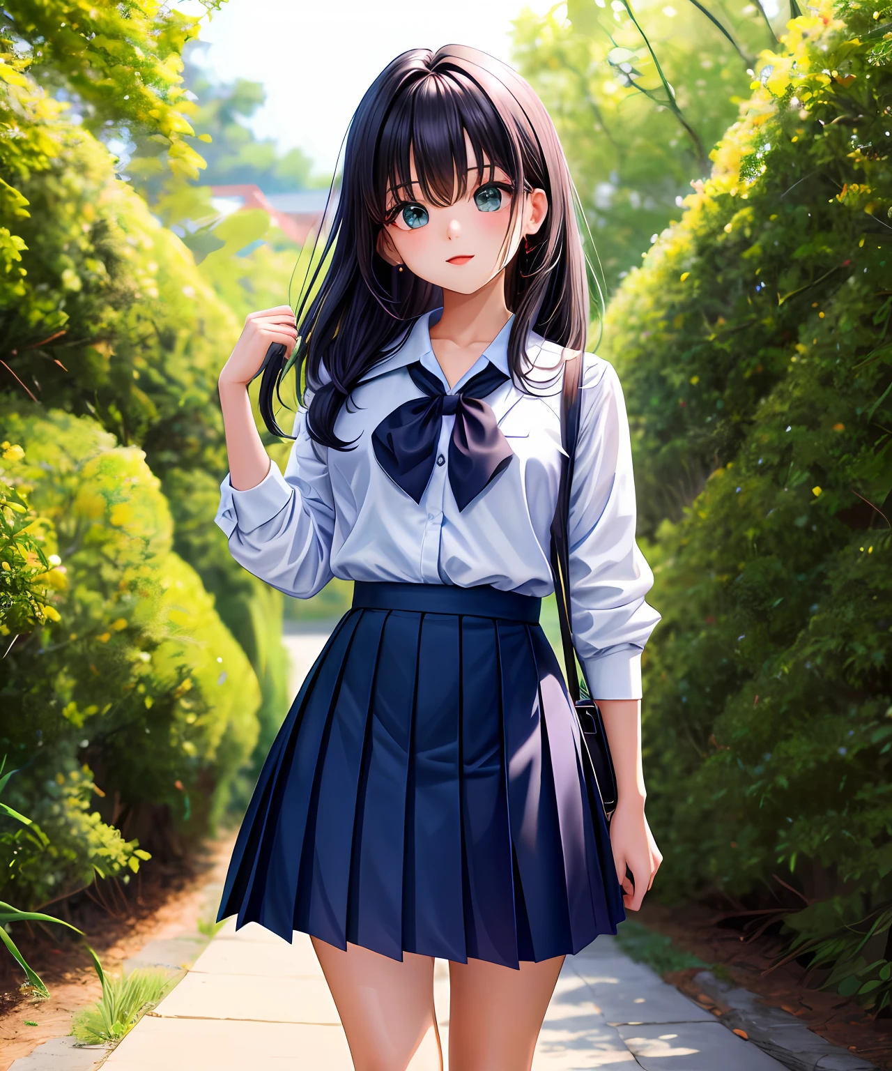 Ji-eun is a charming-looking schoolgirl. Ela tem cabelos longos, loiros e sedosos que caem suavemente sobre seus ombros. His eyes are radiant and of a dazzling emerald green, que conferem um brilho especial ao seu rosto. Your skin is clear and flawless. Ji-eun is thin and has an elegant posture, seios grandes, quadril fino, bunda grande, natural beauty standing.
Uniforme escolar: Ji-eun veste um uniforme escolar branco, typical of South Korean schools. The blouse is adjusted to the body, com mangas curtas e uma gola preta, destacando sua figura esbelta. The skirt is pleated black and goes up to the knees, confirindo um ar jovial e fofo ao seu visual. Ela usa um par de meias brancas bem apertadas nas coxas, junto com sapatos pretos de estilo Mary Jane.