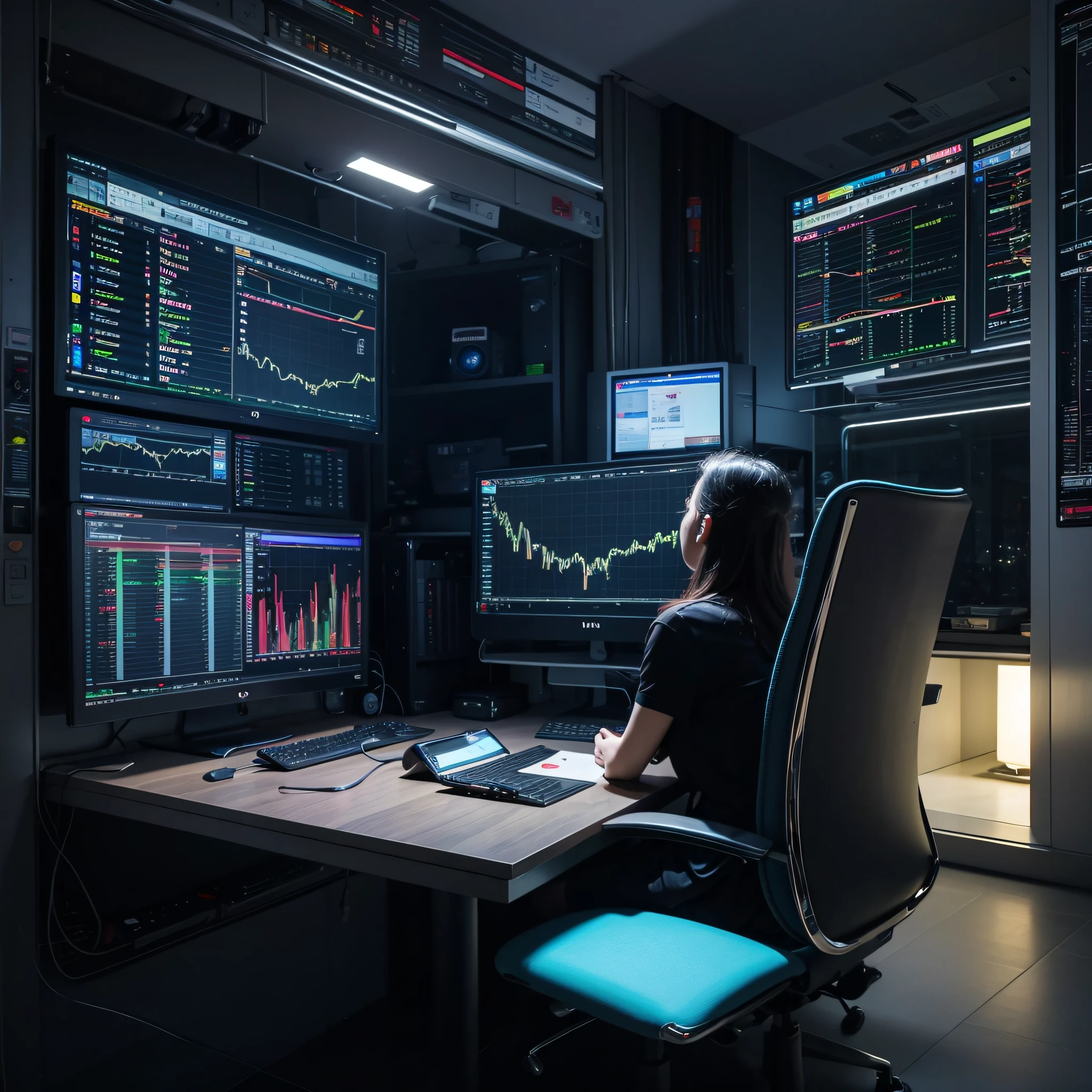 Um quarto escuro, with low, comfortable lights and a futuristic computer inside a safe, foto realista, on the computer screen a chart of the financial market