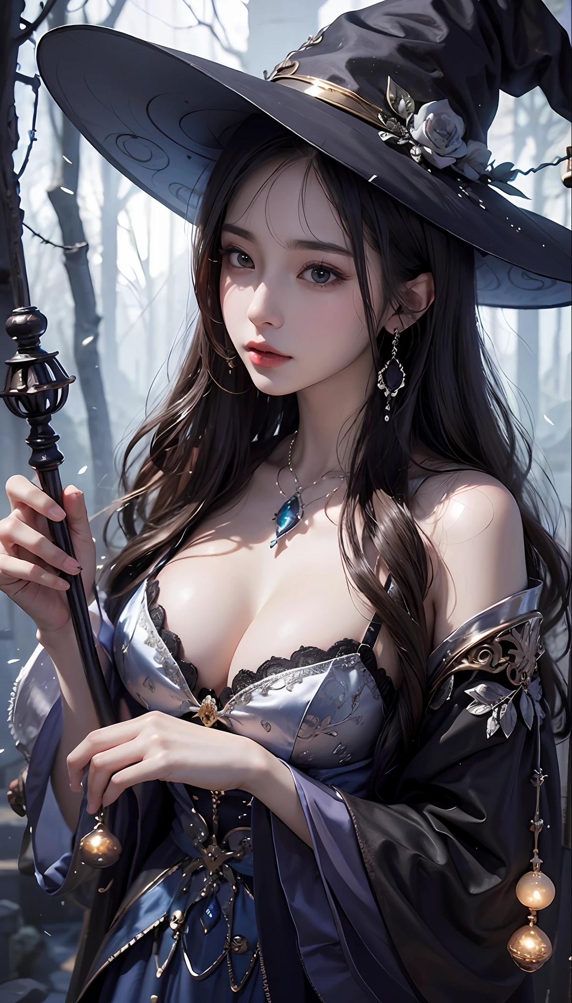 (1girll:1.3)、独奏、offcial art、统一 8k 壁纸、ultra - detailed、Beauty and aesthetics、big breasts beautiful、tmasterpiece、best qualtiy、Fantastical Atmosphere、calm color palette、Tranquil Mood、soft shade、Witch priestess、Charisma spells、vignettes、Witch duties、Only the head is exposed,The chest is not exposed,ellegance,