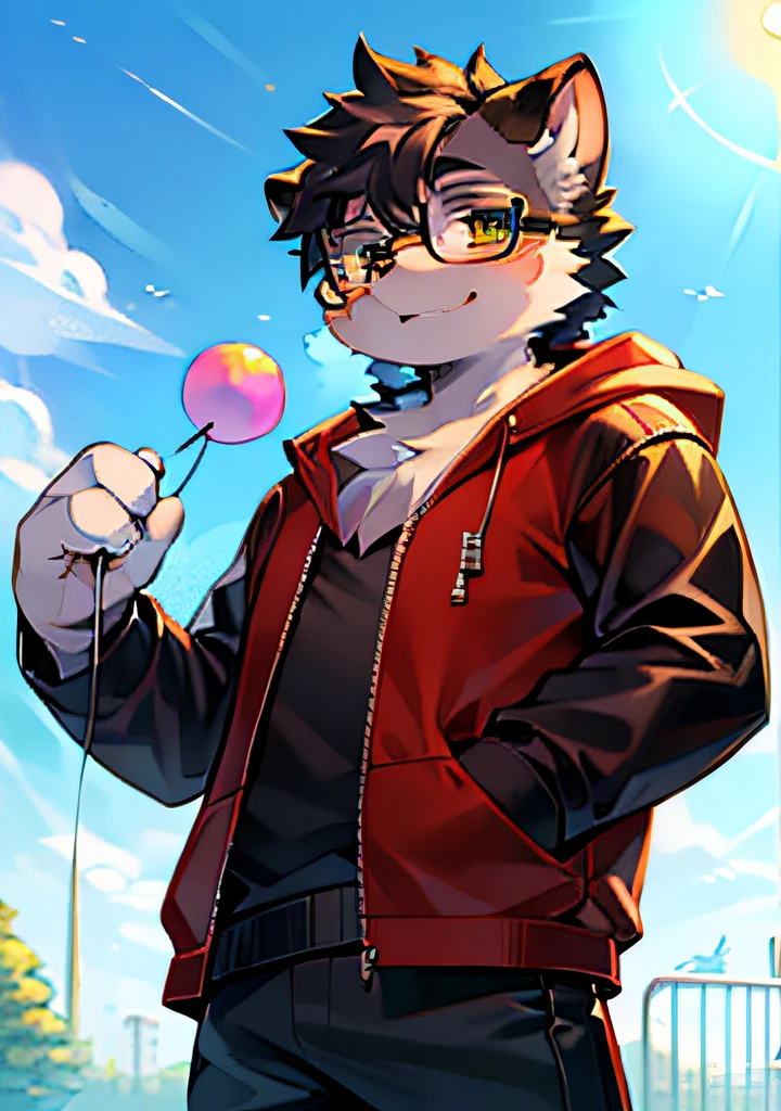 tmasterpiece， High-quality portraits， realisticlying， shaggy， grey fur， （Cubs）， （sbeard）， Solitary  boy， waterpark， jaket， holding balloons， posing on a， （laughingly）， （full-shot）， （Felino）， （Kekitop），Truncated black-framed glasses