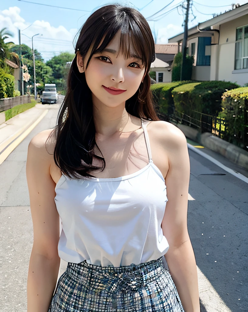 street corner、femele、top-quality、女の子 1 a person、middlebreasts、tag、with light glowing、blur backgroun、bokeh dof、outside of house、(Street:0.8)、(a person々、Large crowds:1、A slender、large full breasts、Sleeveless、White Tube Tops、(((underboob)))、Clothes that adhere perfectly to the body、Watching the viewer、Light blue checked pleated skirt、(((lowrise:1.4)))、Denim pants that are the perfect size for the body、a miniskirt、a gorgeous(straight haired、Hair up to the waist)、Forehead:0.8)、Beautiful sky with details、耳Nipple Ring、A slender、Sareme、 (above knee)、Soft lighting、A smile、the wind、glowy skin、The wind is blowing、Keep your mouth shut、Do not show your teeth、Embarrassing、