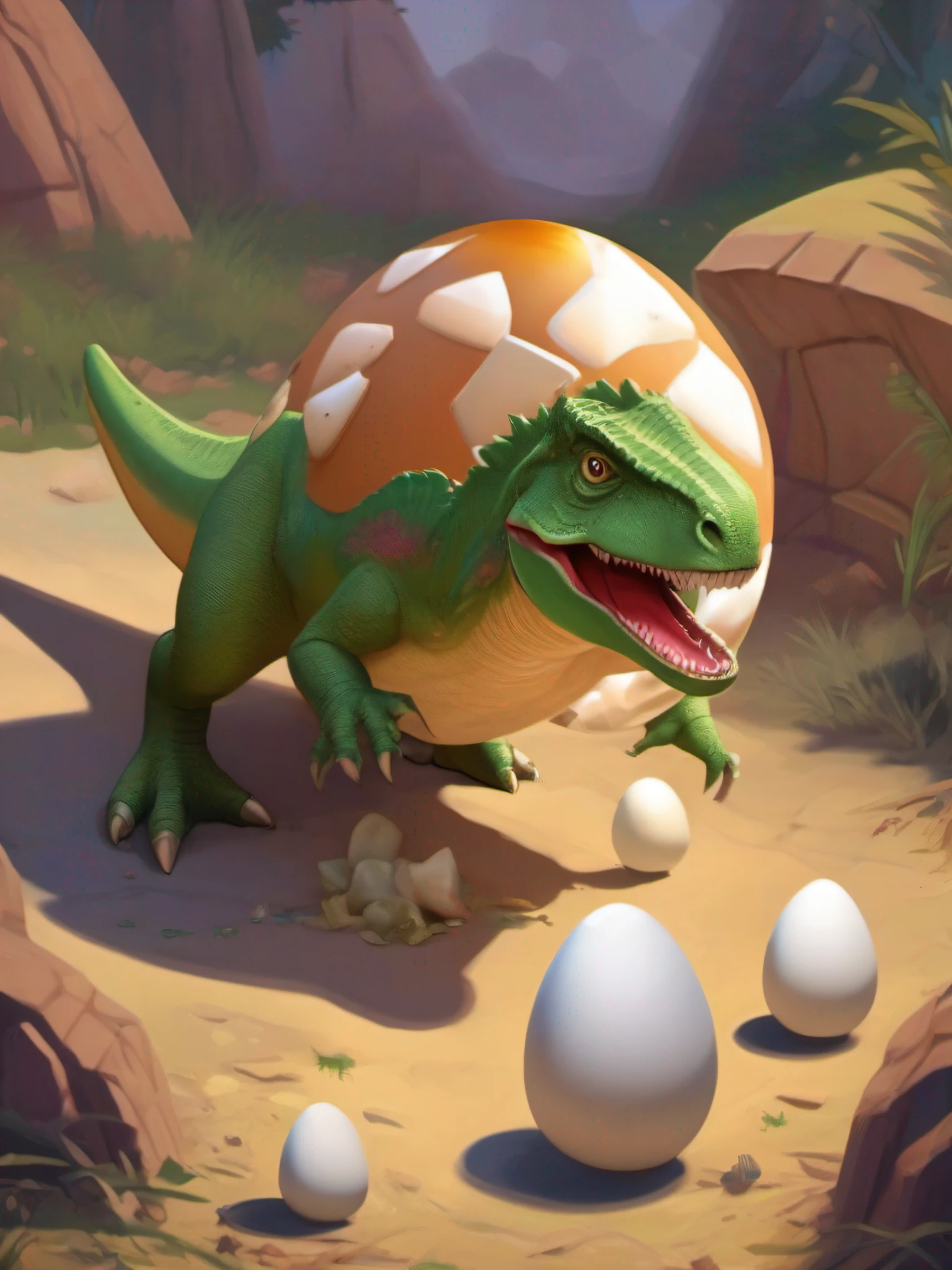 The eggshell is broken in two. There is a Tyrannosaurus between the shells. He is a baby born from the egg. His front legs are small and his back legs are strong. On his head is the top half of an eggshell. He is on the bottom half of the eggshell. Isometric and painted in Disney Pixar style.