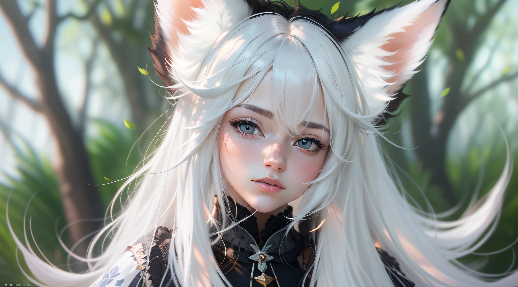 4k,White-haired fox ears,Royal sister,8k,Half realistic,Black eyes