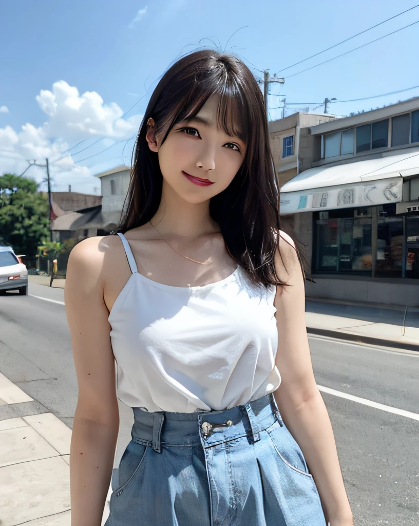 street corner、femele、top-quality、女の子 1 a person、middlebreasts、tag、with light glowing、blur backgroun、bokeh dof、outside of house、(Street:0.8)、(a person々、Large crowds:1、A slender、large full breasts、Sleeveless、White Tube Tops、(((underboob)))、Clothes that adhere perfectly to the body、Watching the viewer、Light blue checked pleated skirt、(((lowrise：1.4)))、Denim pants that are the perfect size for the body、a miniskirt、a gorgeous(straight haired、Hair up to the waist)、Forehead:0.8)、Beautiful sky with details、耳Nipple Ring、A slender、Sareme、 (above knee)、Soft lighting、A smile、the wind、glowy skin、The wind is blowing、Keep your mouth shut、Do not show your teeth、Embarrassing、