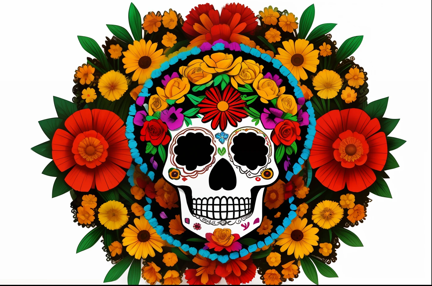 Mexican Day of the Dead, Single Calavera, Sugar Skull, Vibrant Colors, Marigold Flowers, Intricate Patterns, Curving Vines, Playful Eyes, Limited Space, Joyful Remembrance.